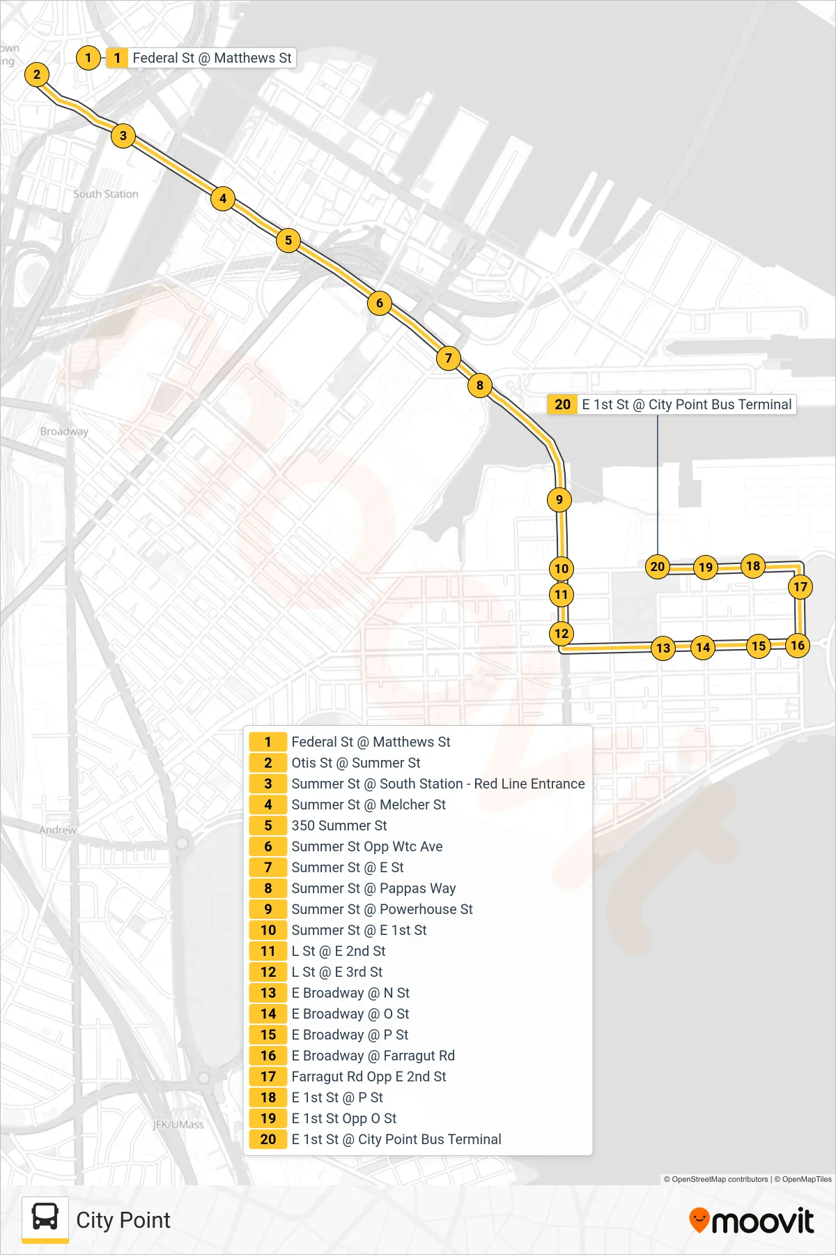 7 bus Line (City Point) route and stops on a map