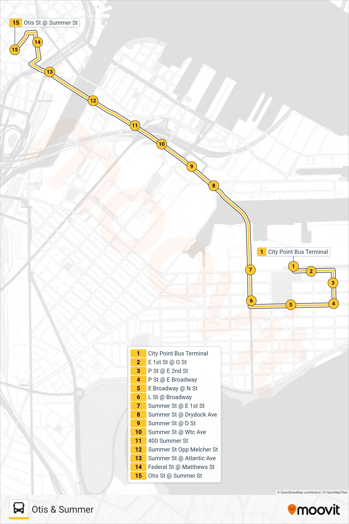 7 bus Line (Otis & Summer) route and stops on a map