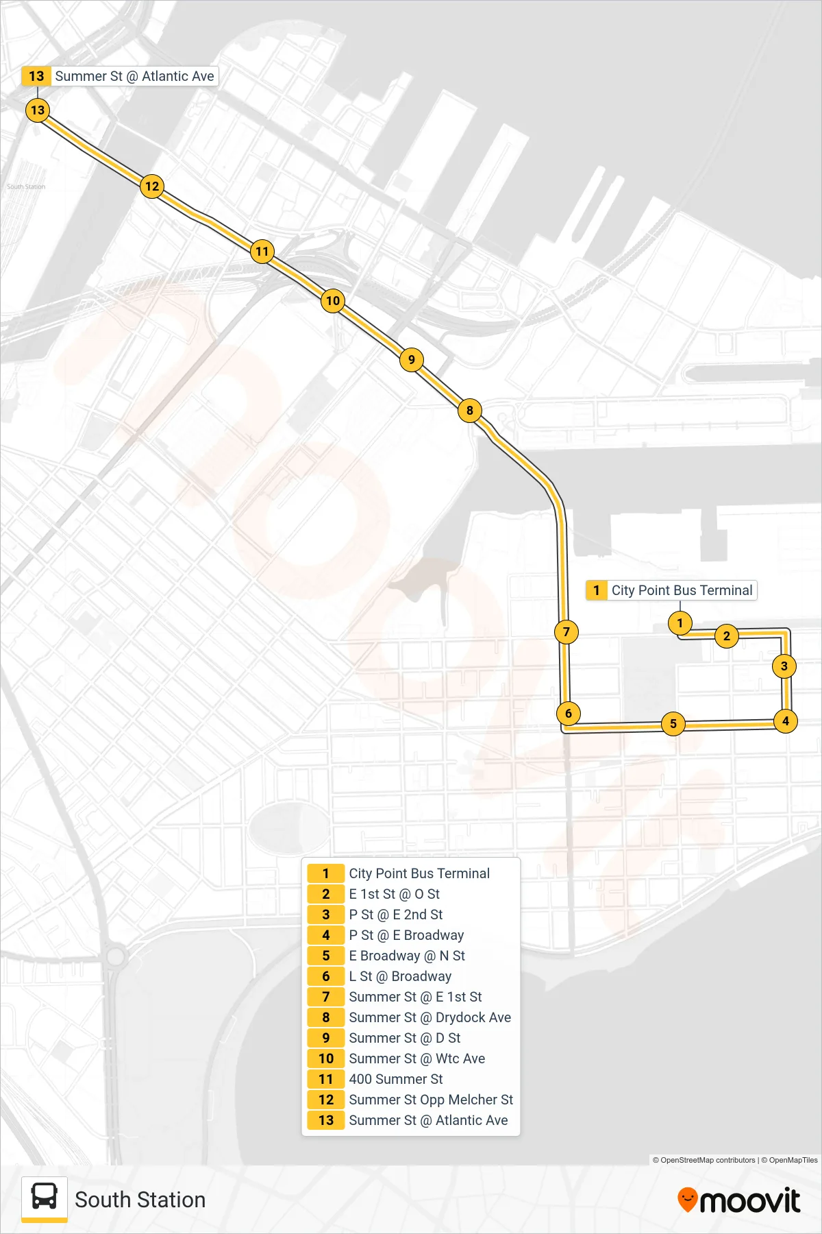 7 bus Line (South Station) route and stops on a map