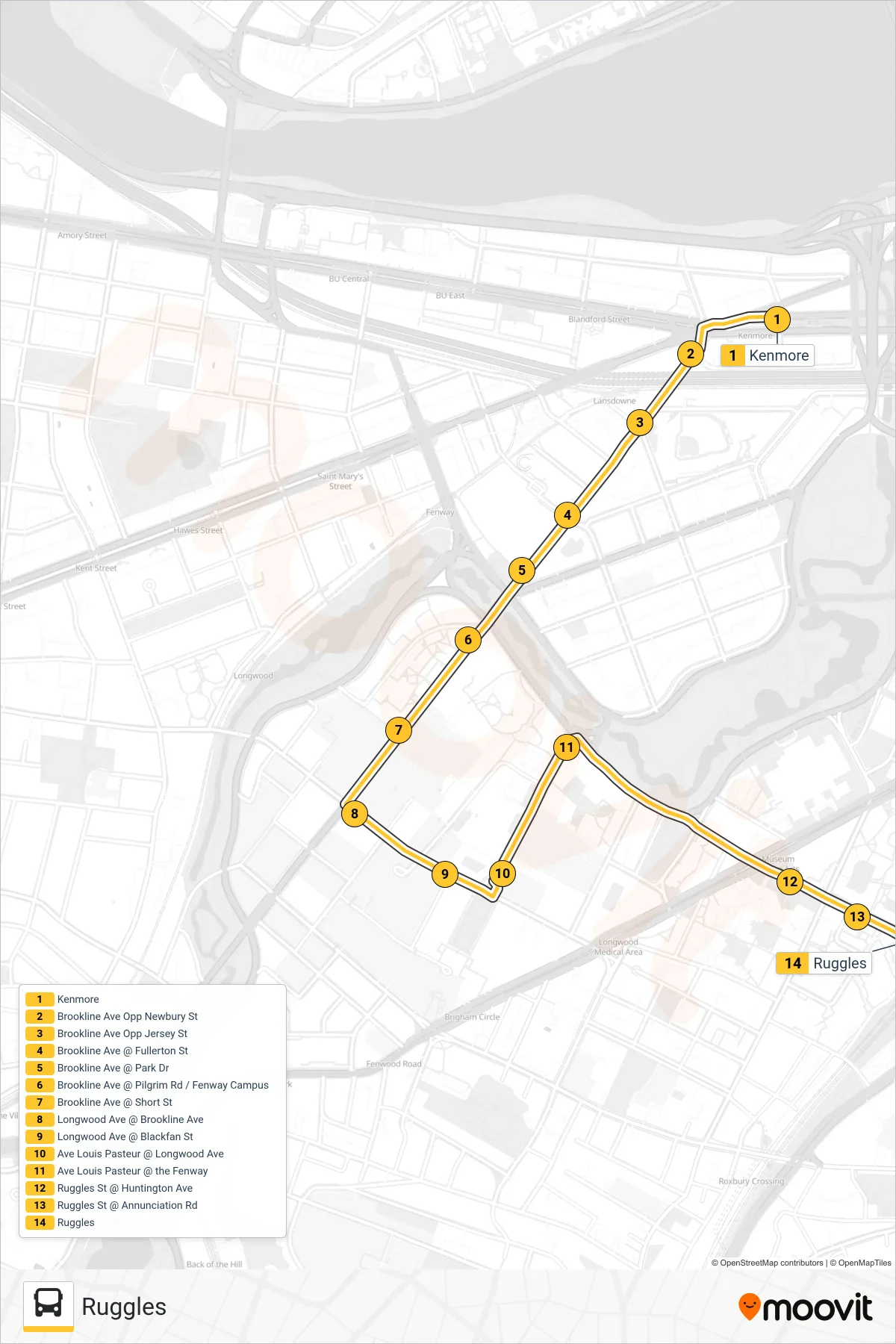 8 bus Line (Ruggles) route and stops on a map