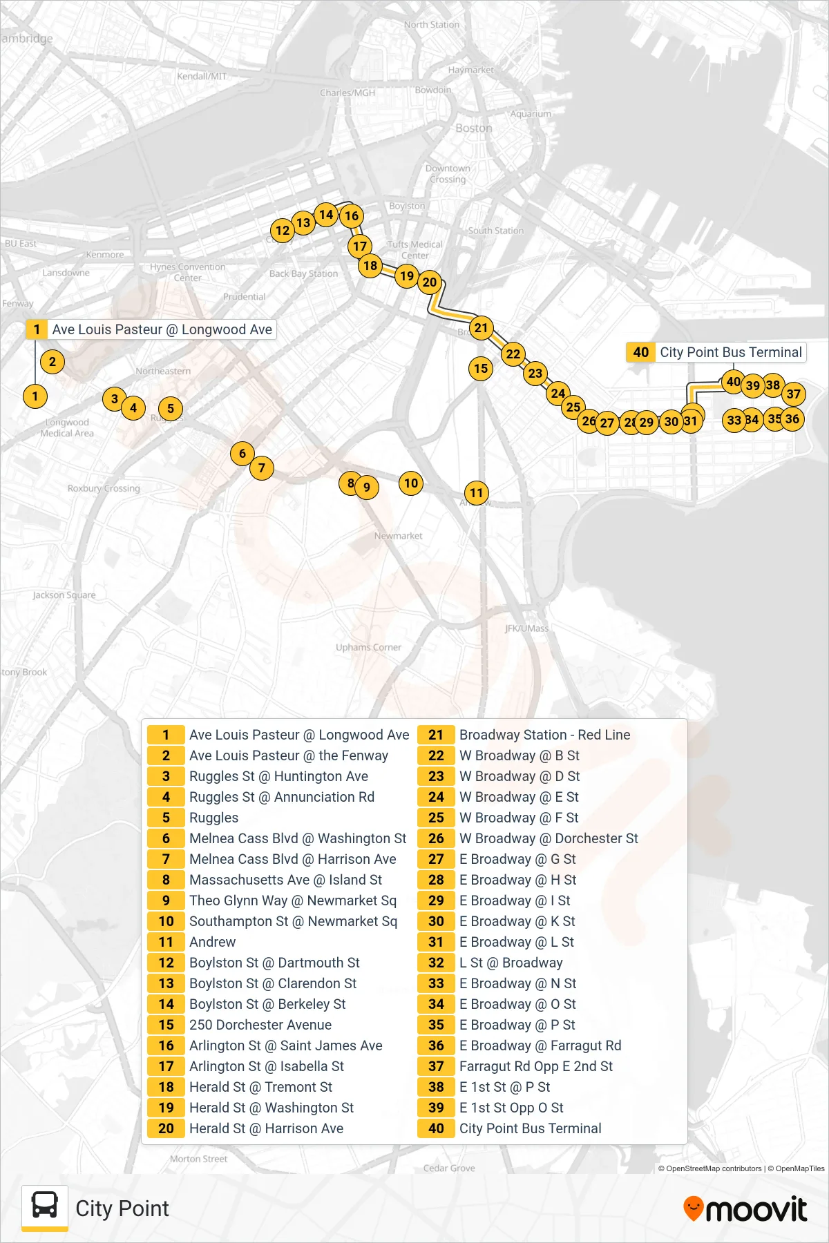 9 bus Line (City Point) route and stops on a map