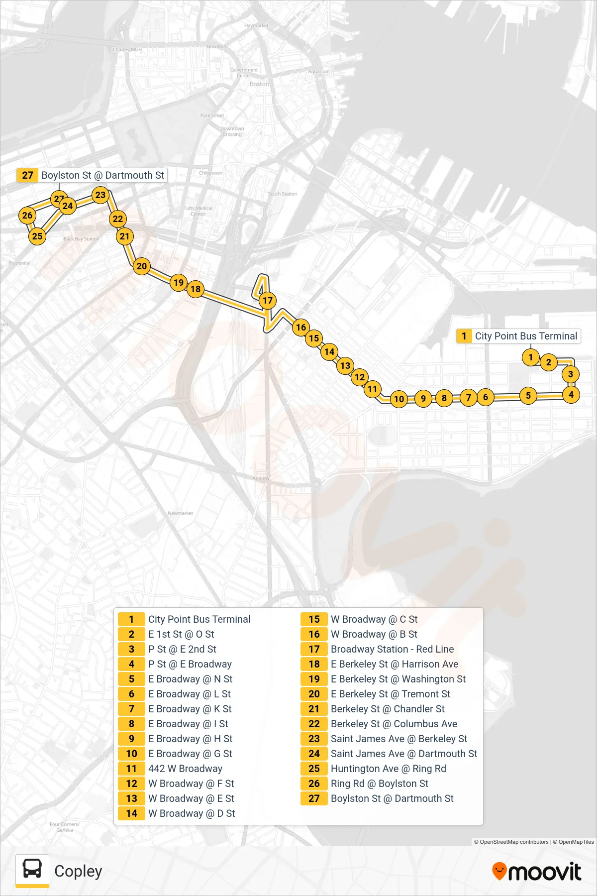 9 bus Line (Copley) route and stops on a map