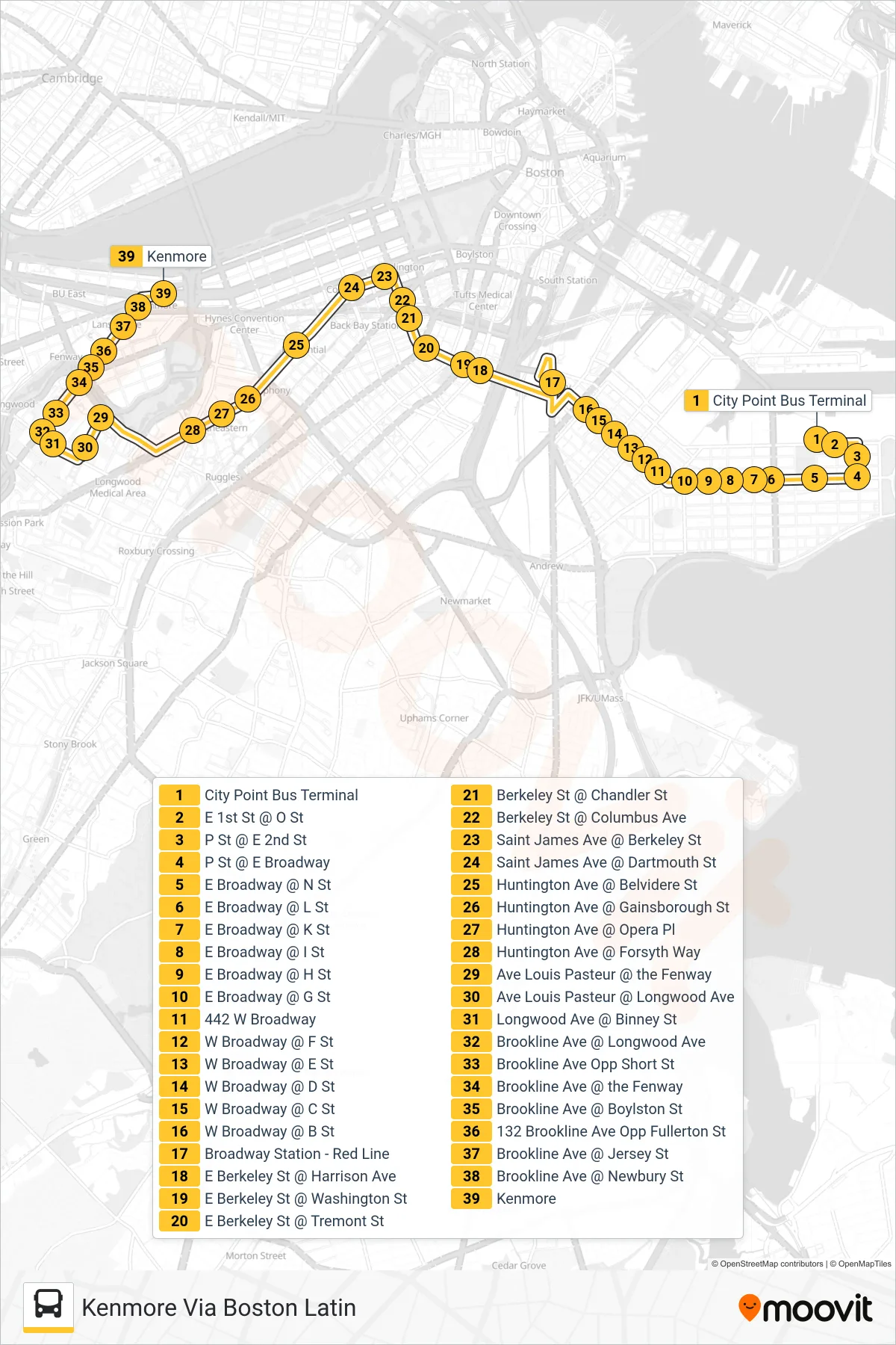 9 bus Line (Kenmore Via Boston Latin) route and stops on a map