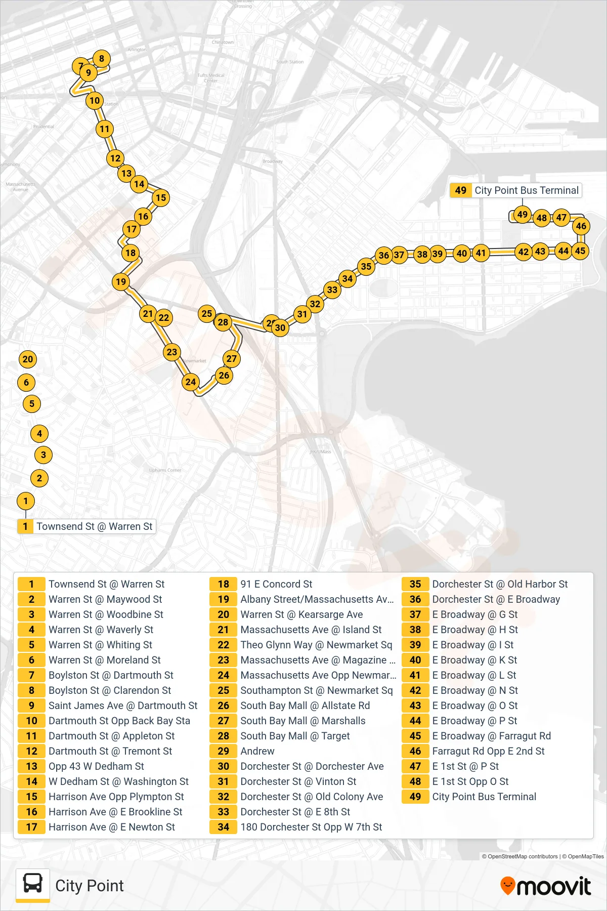10 bus Line (City Point) route and stops on a map