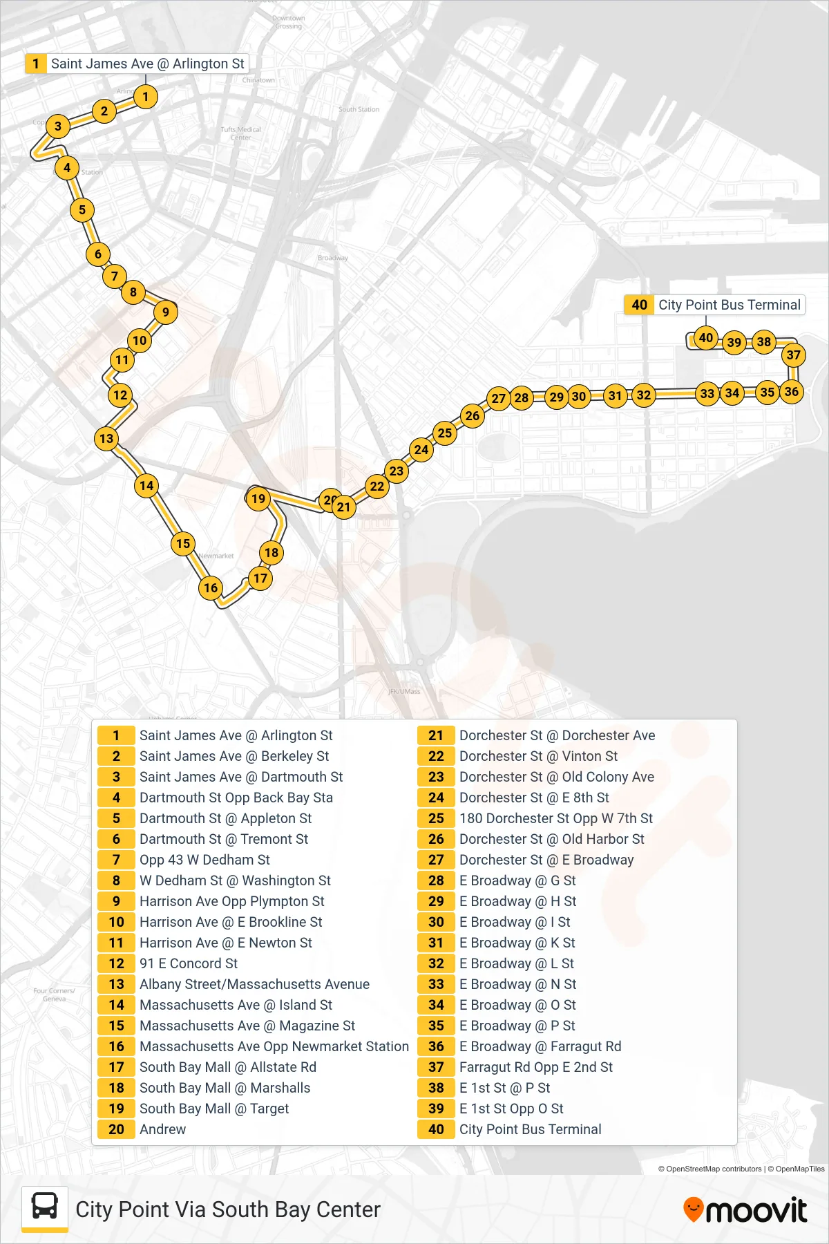 10 bus Line (City Point Via South Bay Center) route and stops on a map