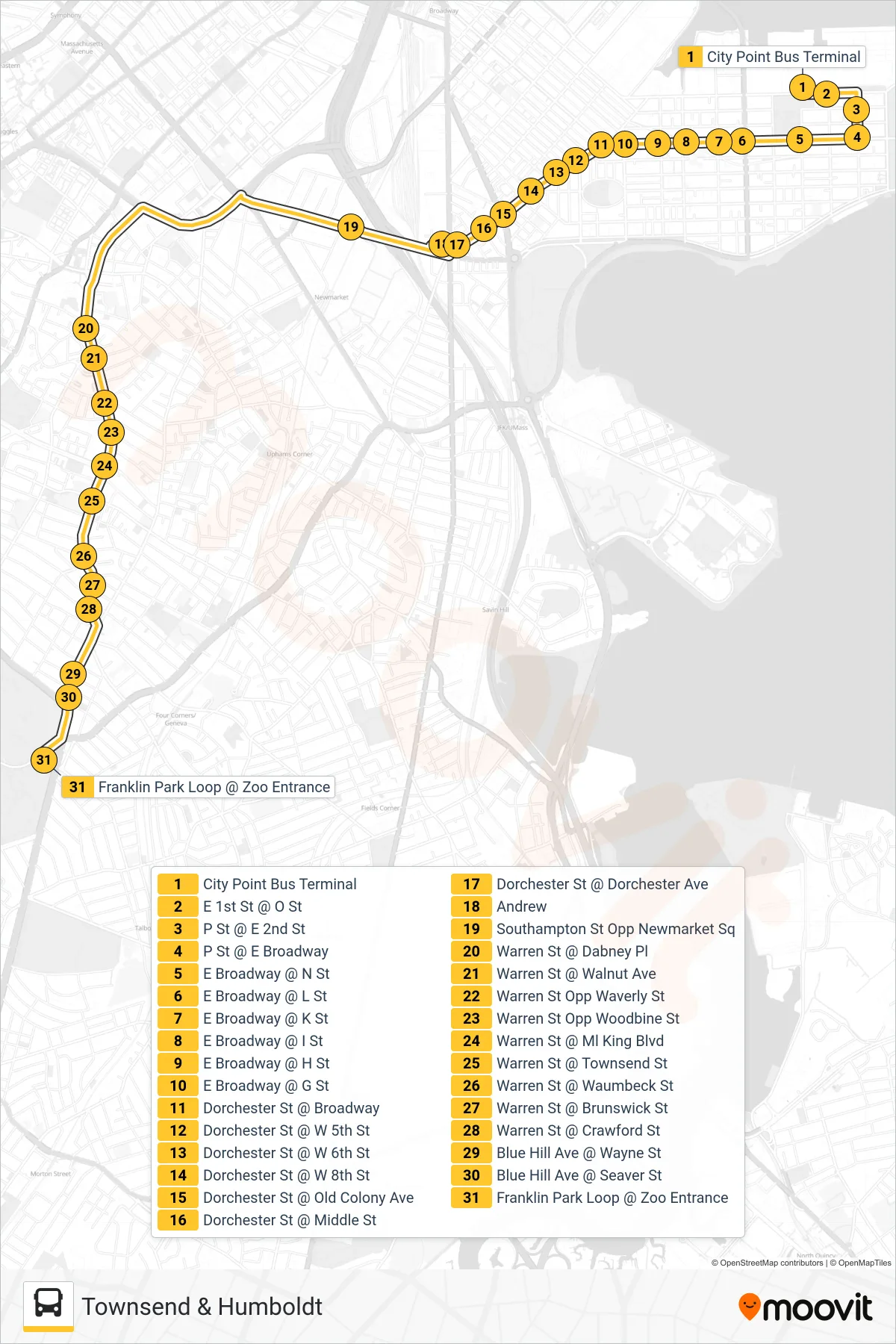 10 bus Line (Townsend & Humboldt) route and stops on a map