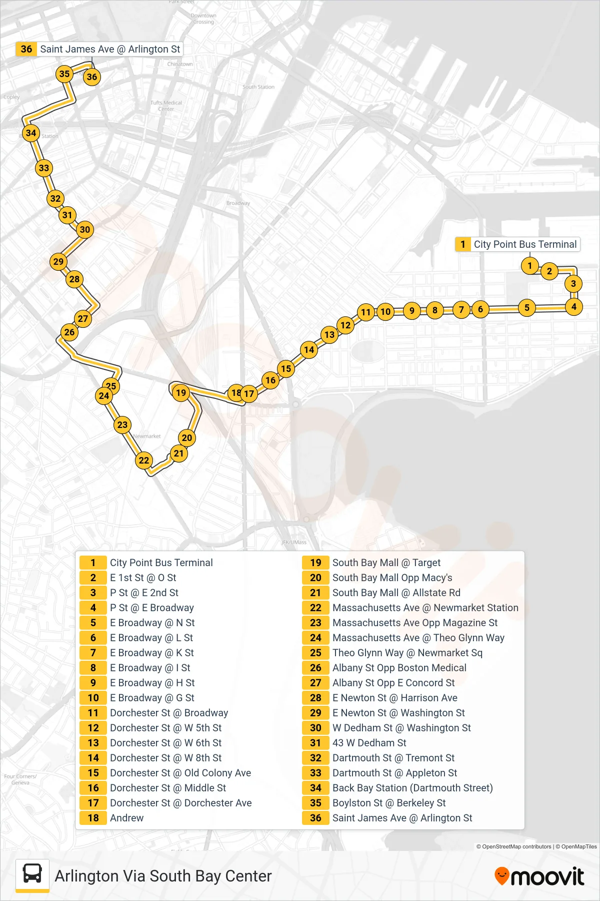 10 bus Line (Arlington Via South Bay Center) route and stops on a map