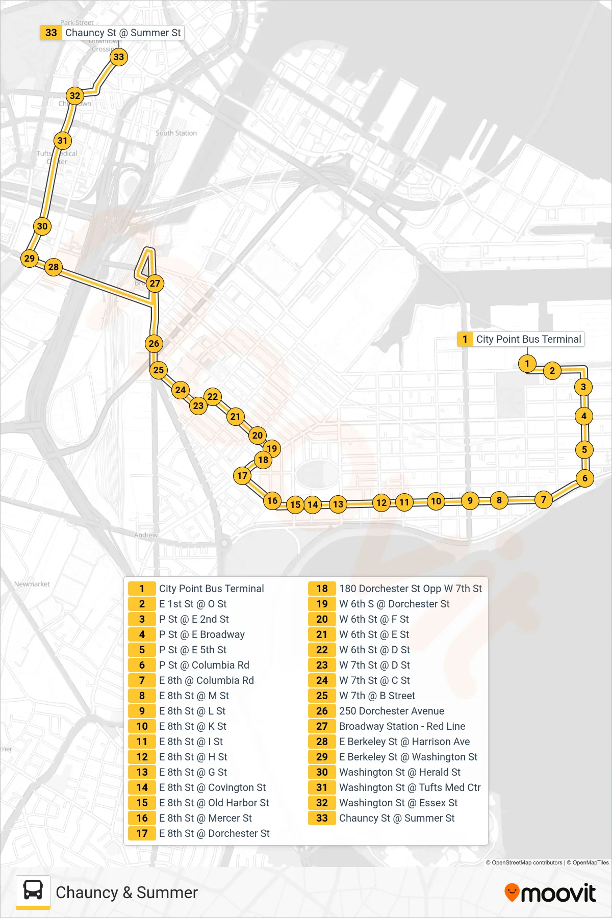 11 bus Line (Chauncy & Summer) route and stops on a map