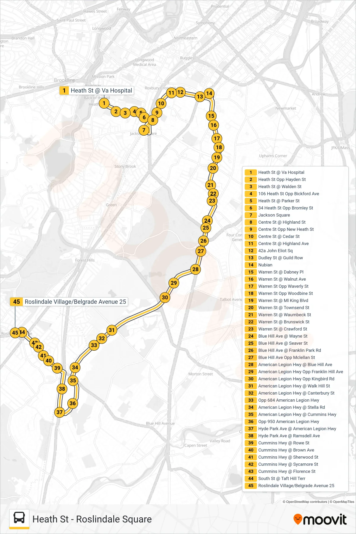 14 bus Line (Roslindale Square) route and stops on a map