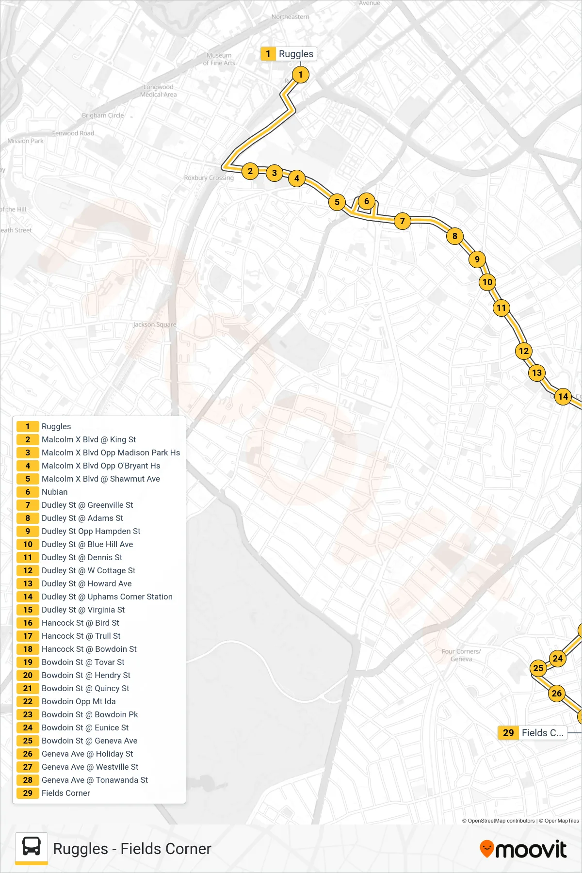 15 bus Line (Fields Corner) route and stops on a map