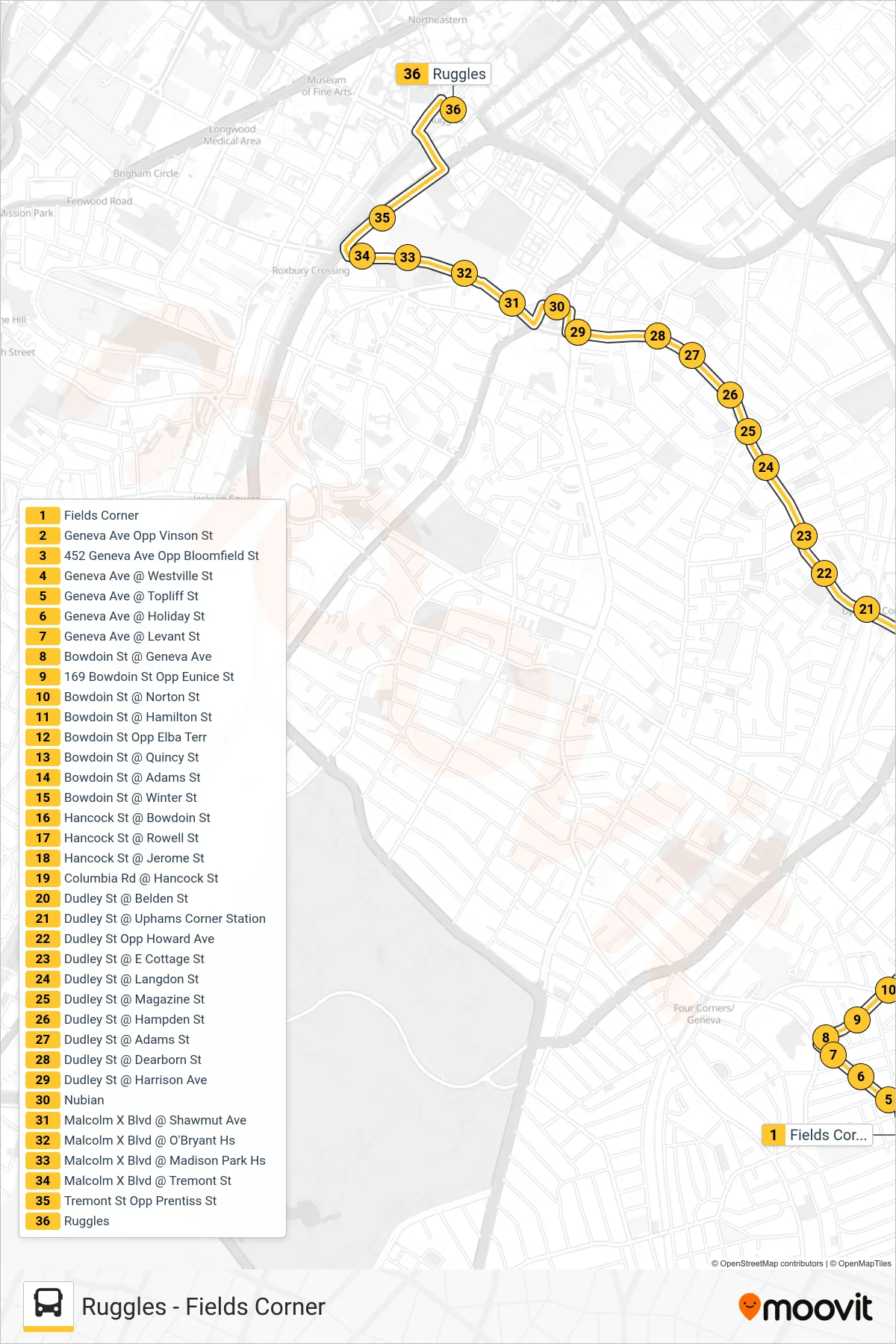 15 bus Line (Ruggles) route and stops on a map