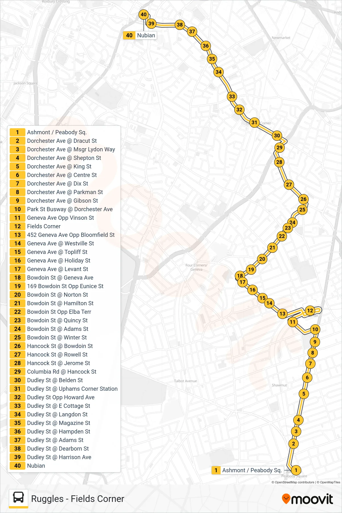 15 bus Line (Nubian Via Fields Corner) route and stops on a map