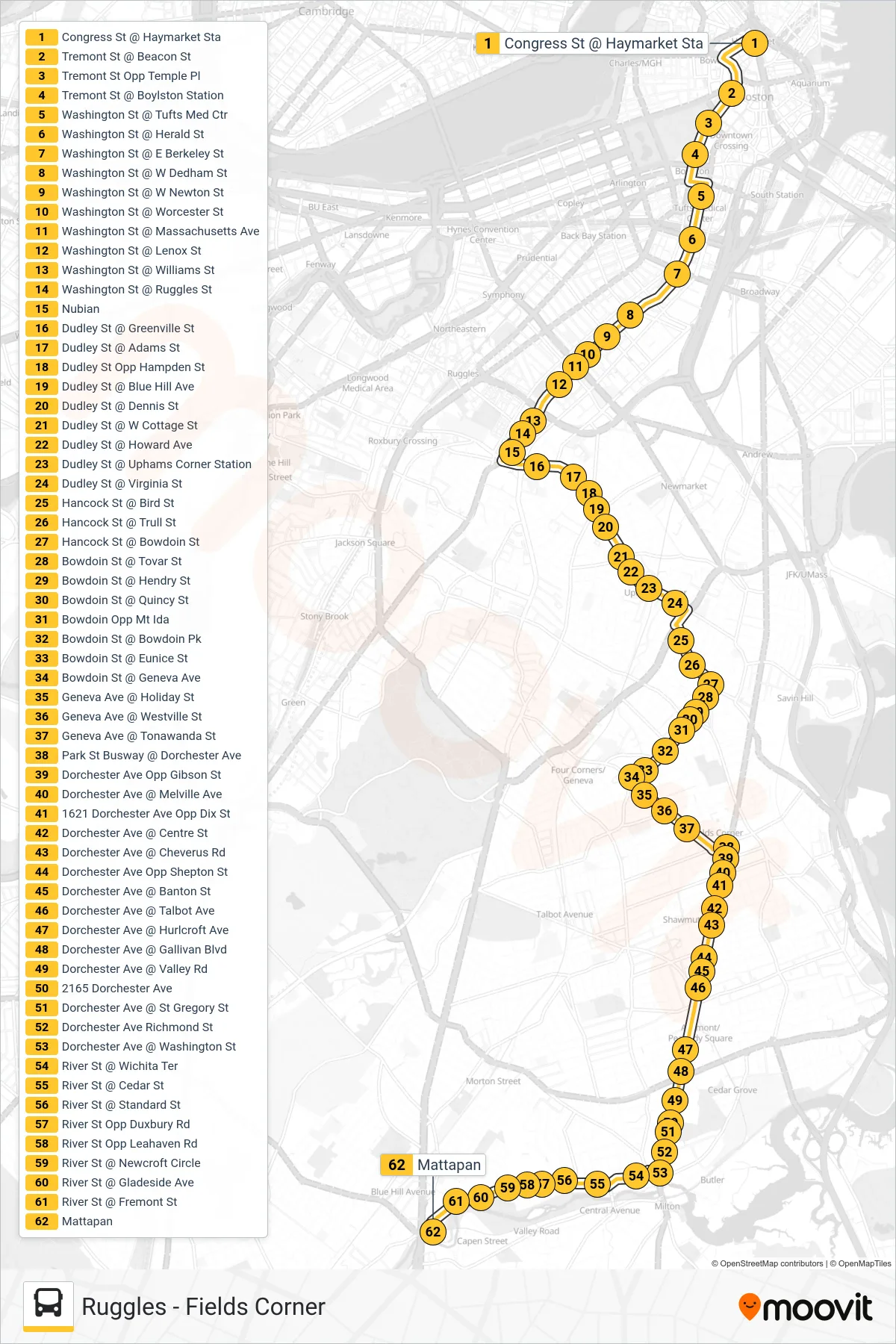 15 bus Line (Mattapan Via Nubian & Fields Corner) route and stops on a map