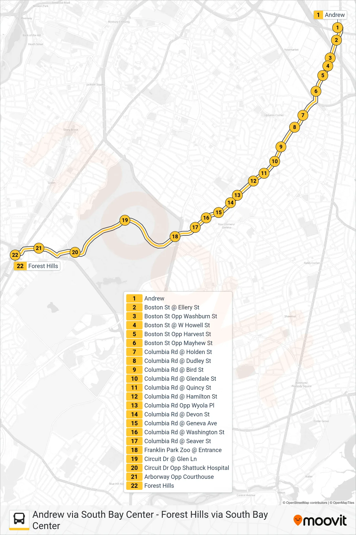 16 bus Line (Forest Hills) route and stops on a map