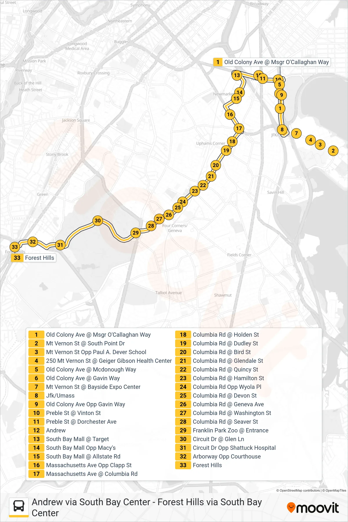 16 bus Line (Forest Hills Via South Bay Center) route and stops on a map