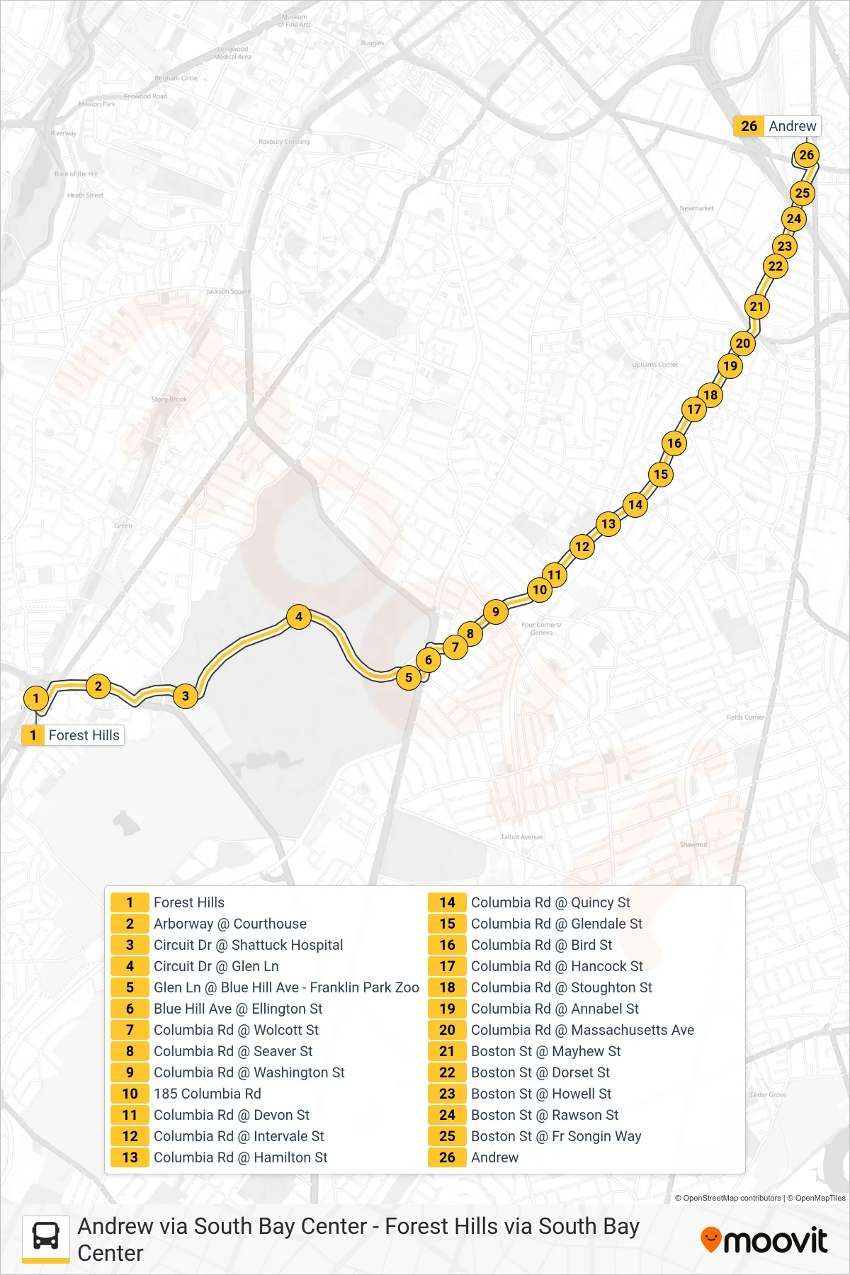 16 bus Line (Andrew) route and stops on a map