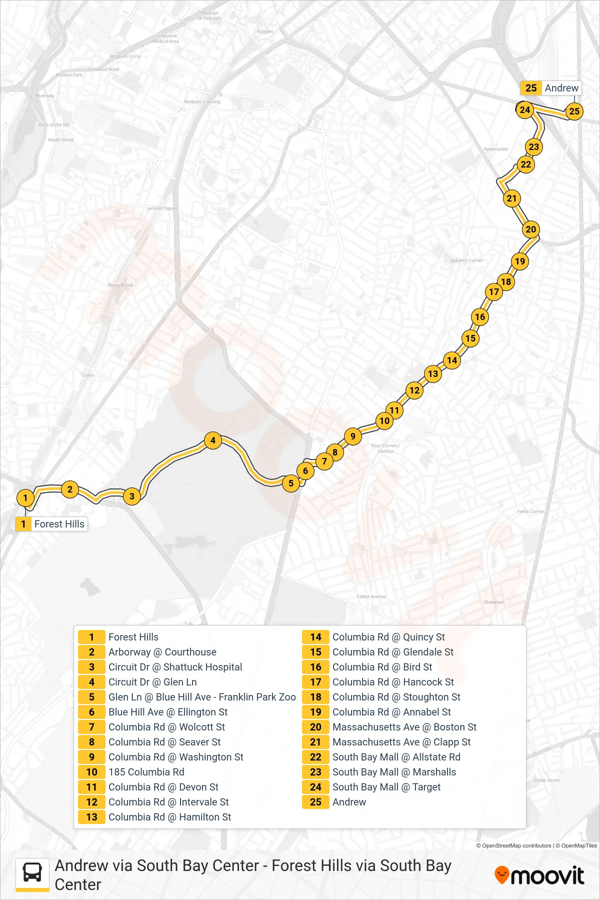 16 bus Line (Andrew Via South Bay Center) route and stops on a map