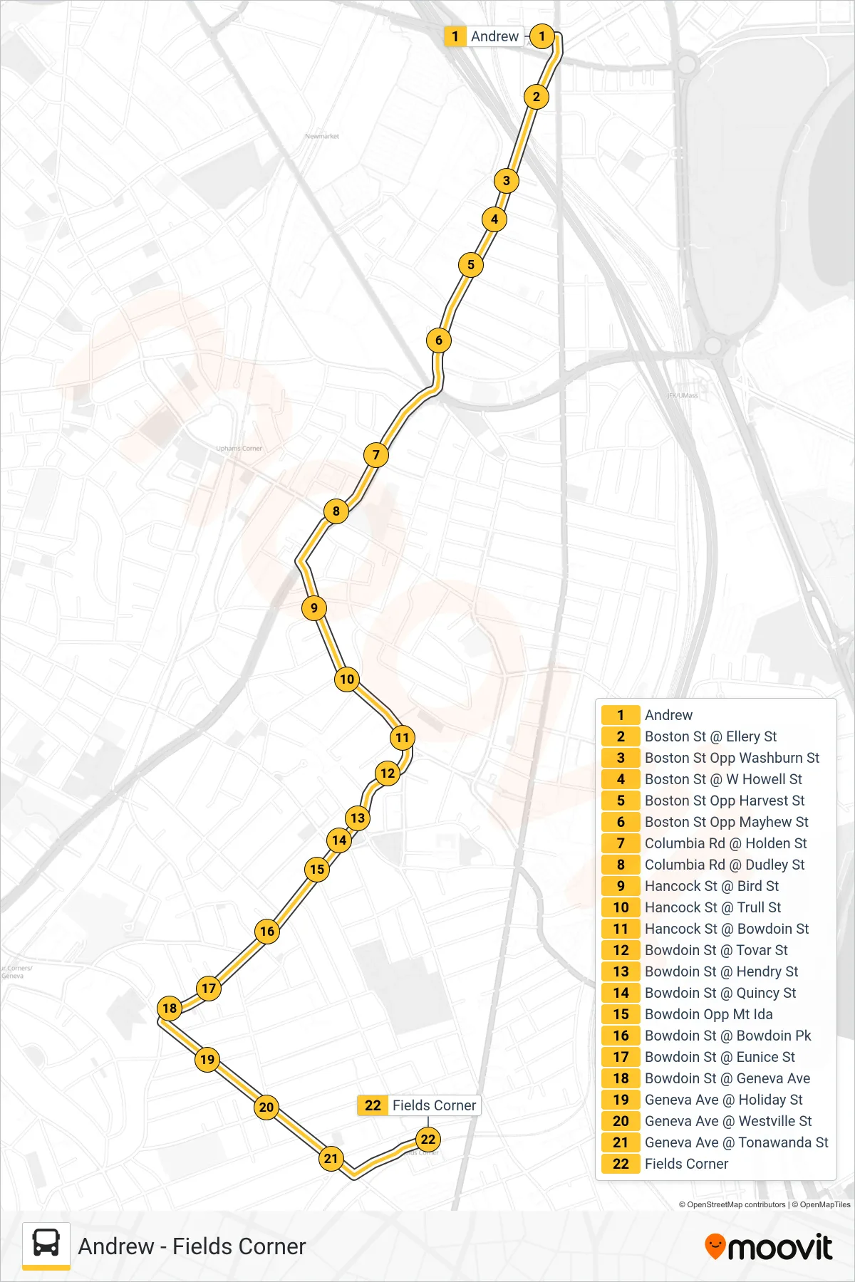 17 bus Line (Fields Corner) route and stops on a map