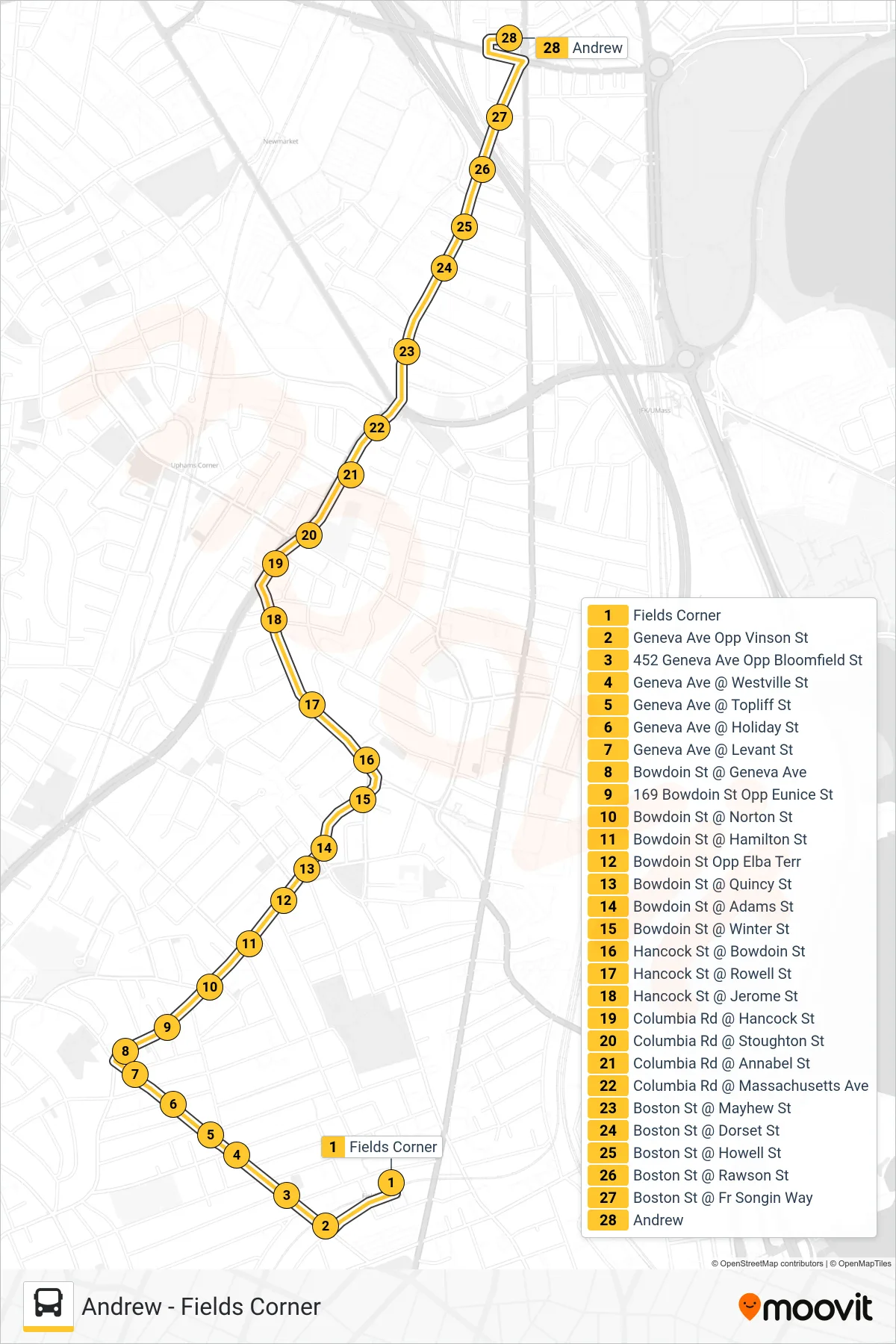 17 bus Line (Andrew) route and stops on a map