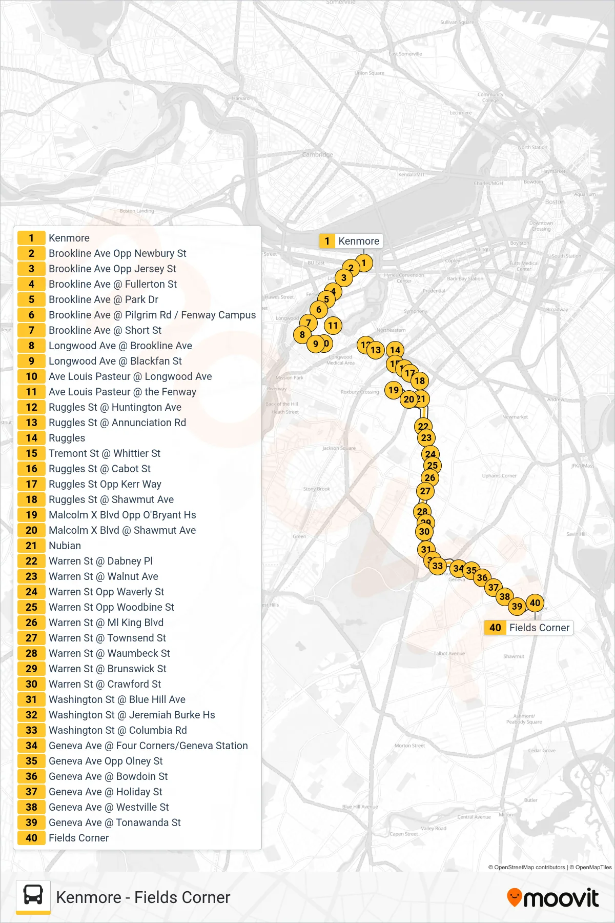 19 bus Line (Fields Corner) route and stops on a map