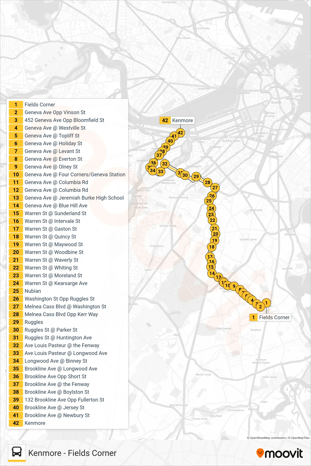 19 bus Line (Kenmore) route and stops on a map