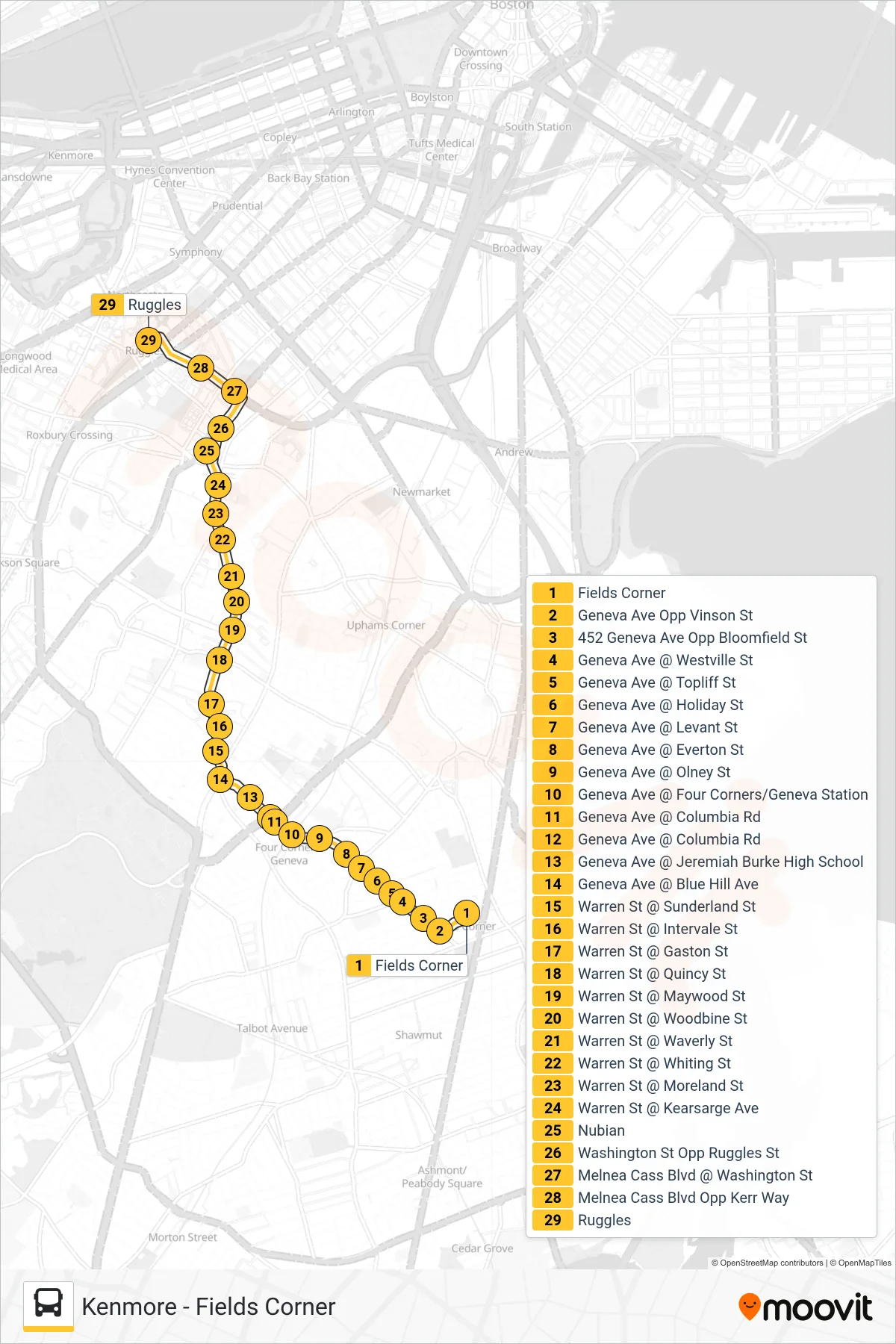 19 bus Line (Ruggles) route and stops on a map