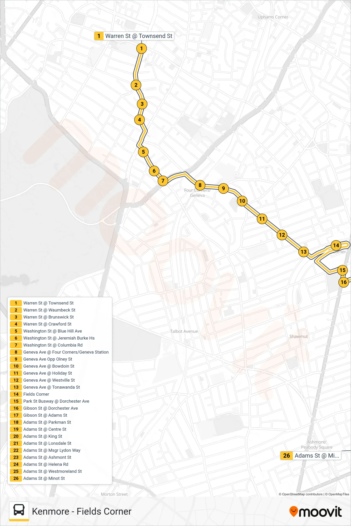 19 bus Line (Adams & Gallivan Via Fields Corner) route and stops on a map