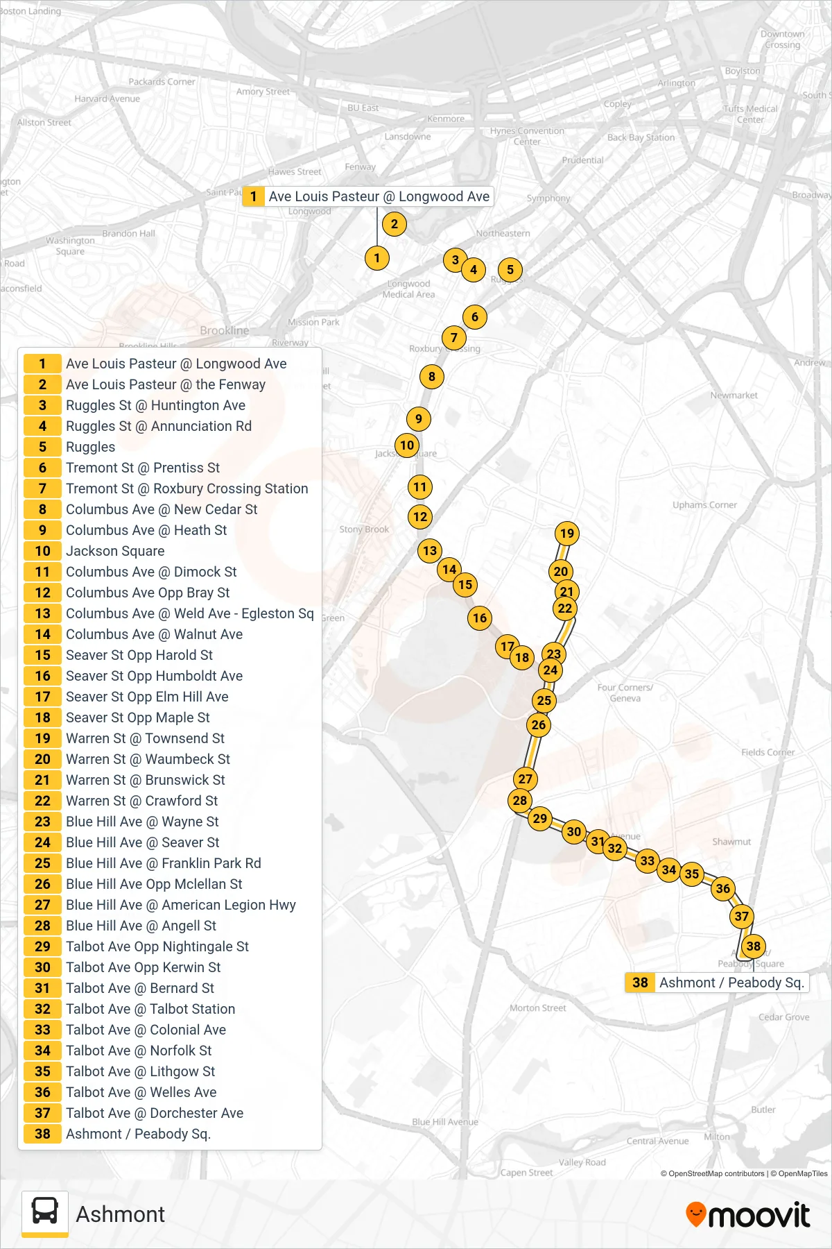22 bus Line (Ashmont) route and stops on a map