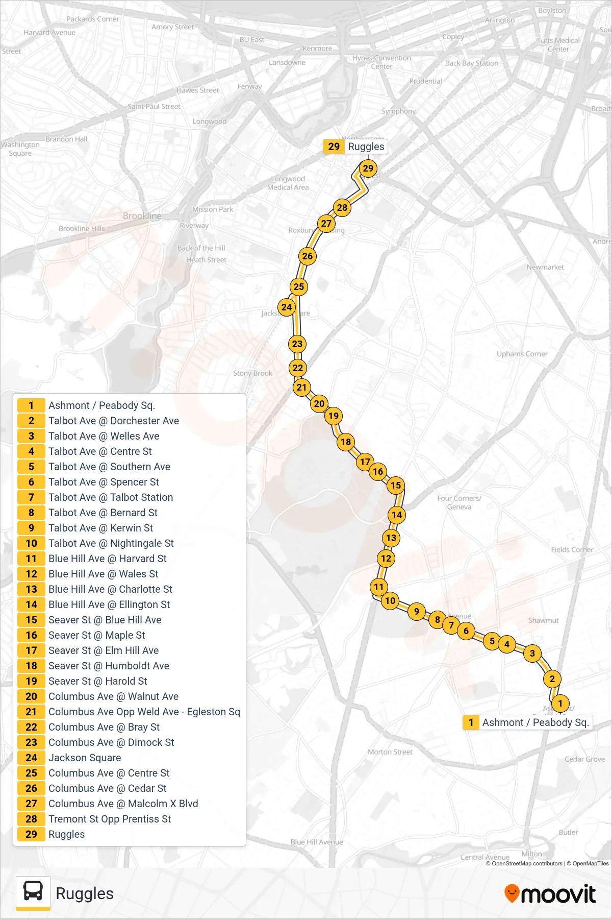 22 bus Line (Ruggles) route and stops on a map