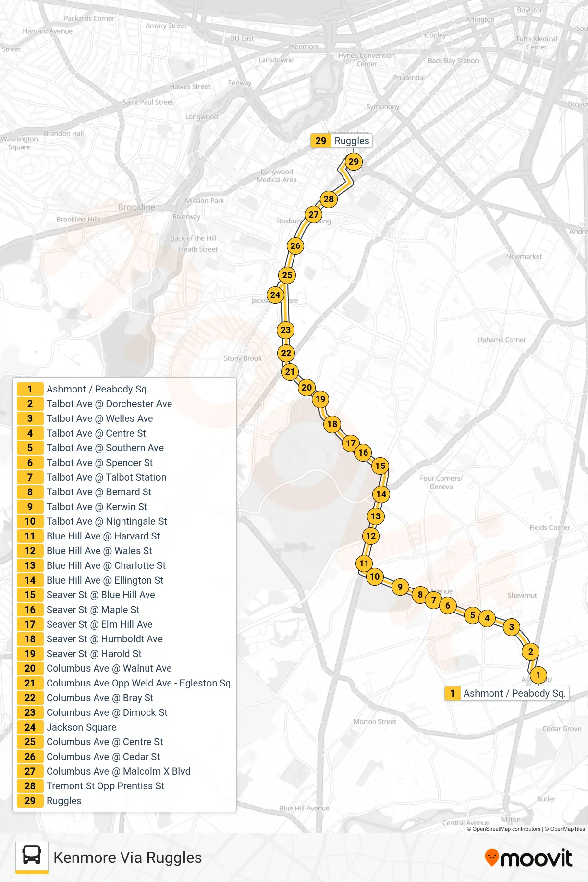 22 bus Line (Kenmore Via Ruggles) route and stops on a map
