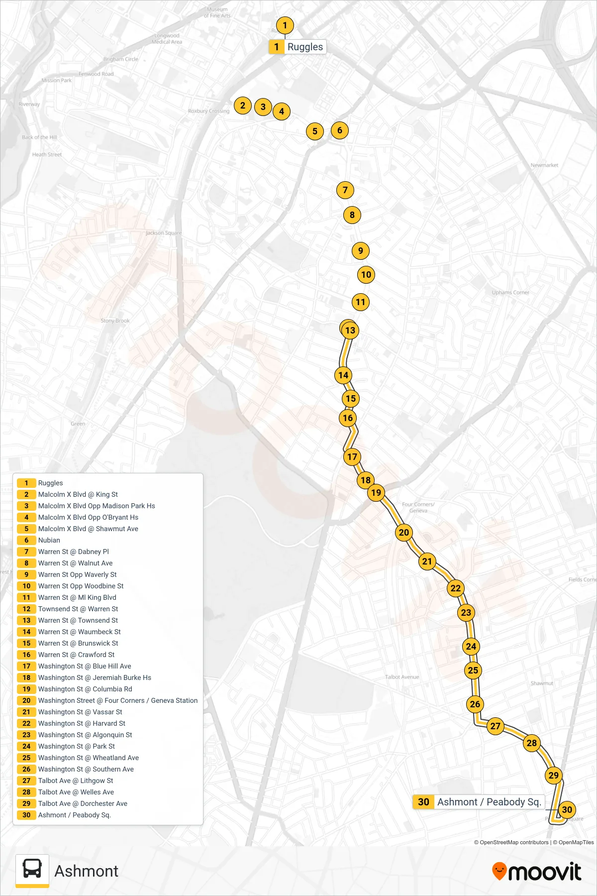 23 bus Line (Ashmont) route and stops on a map