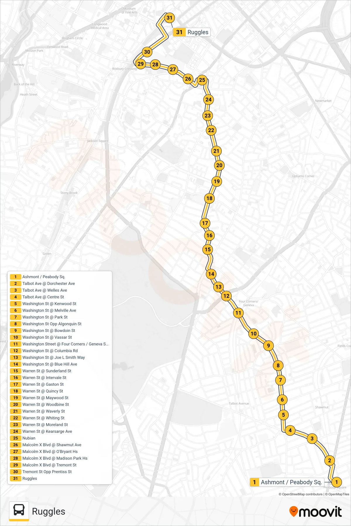 23 bus Line (Ruggles) route and stops on a map