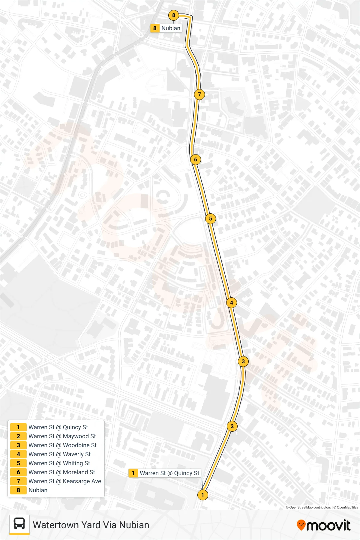 23 bus Line (Watertown Yard Via Nubian) route and stops on a map