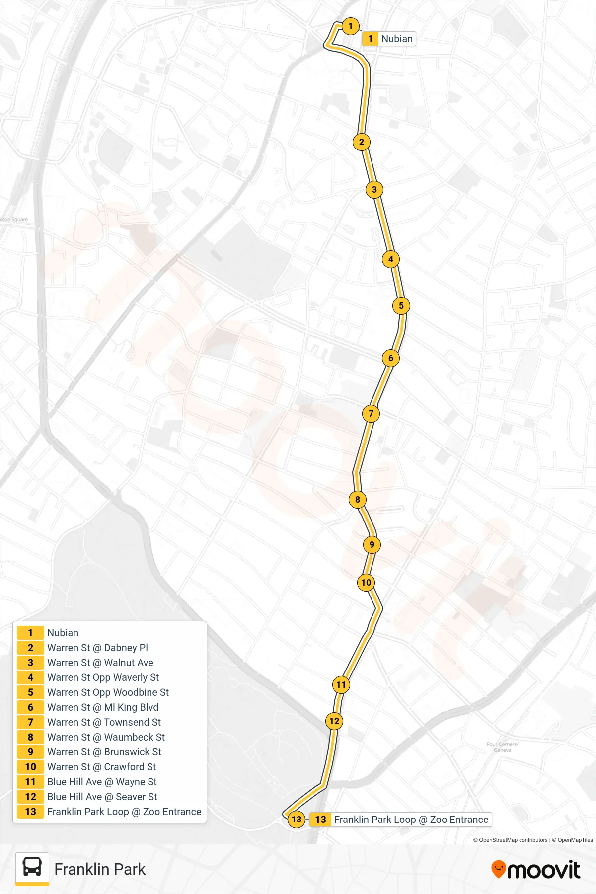 23 bus Line (Franklin Park) route and stops on a map