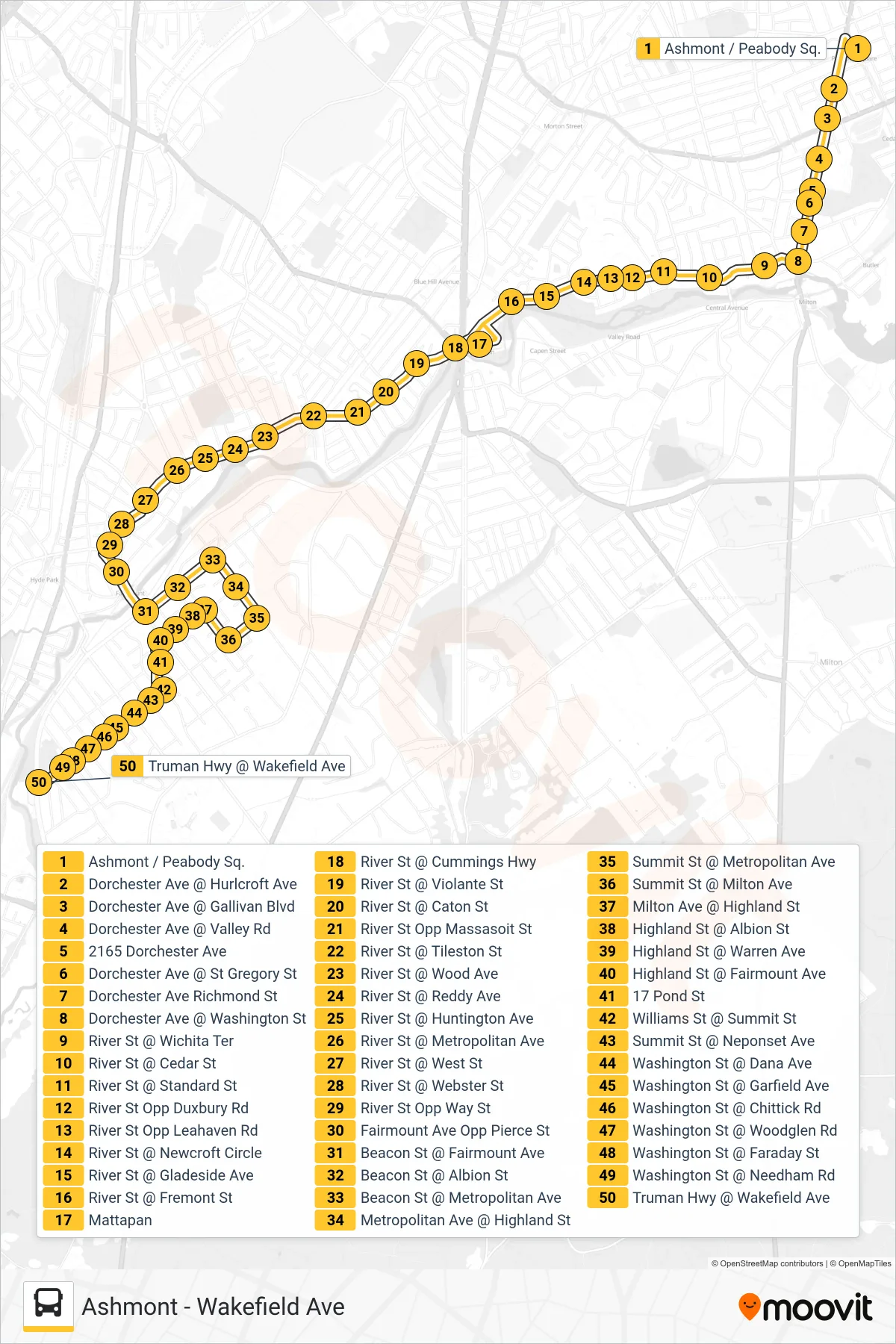 24 bus Line (Wakefield Ave) route and stops on a map