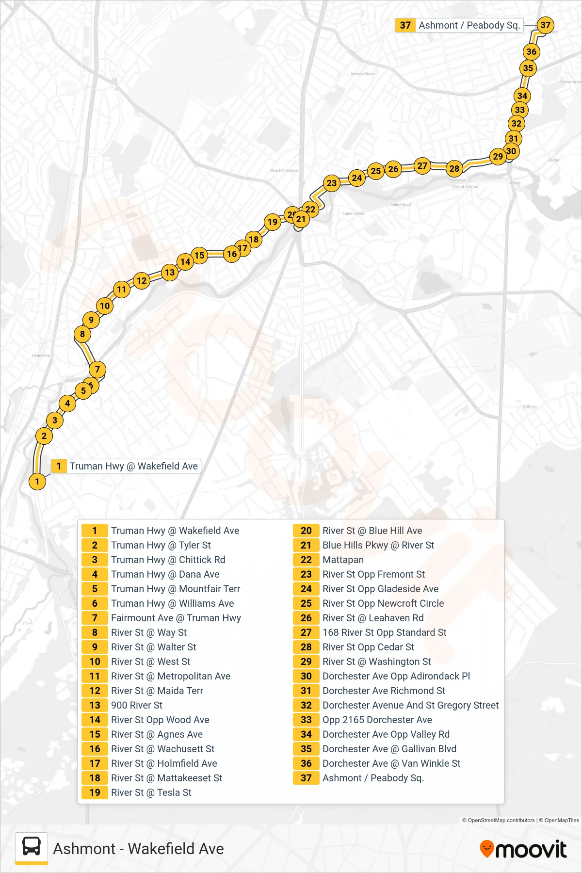 24 bus Line (Ashmont) route and stops on a map