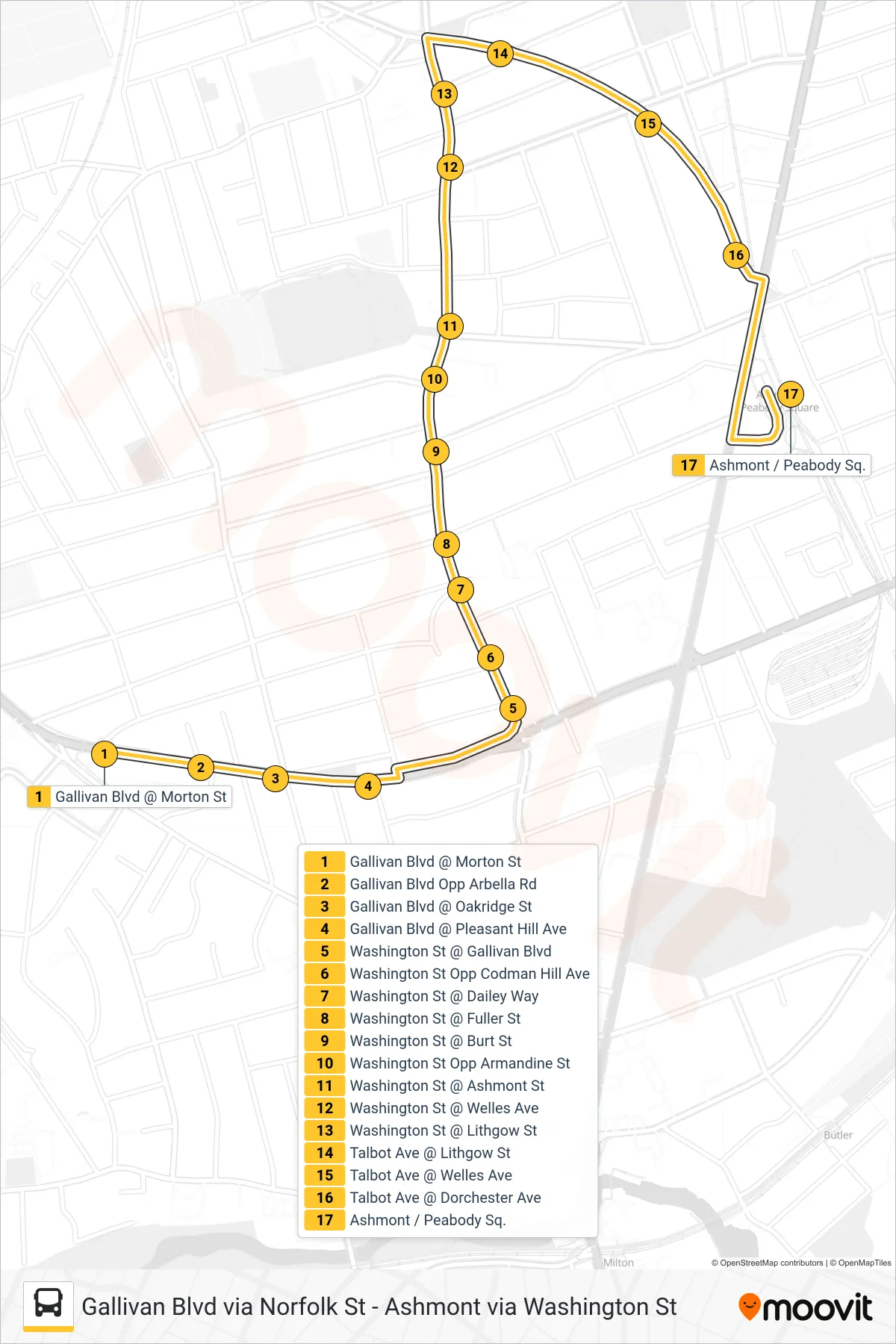 26 bus Line (Ashmont Via Washington St) route and stops on a map