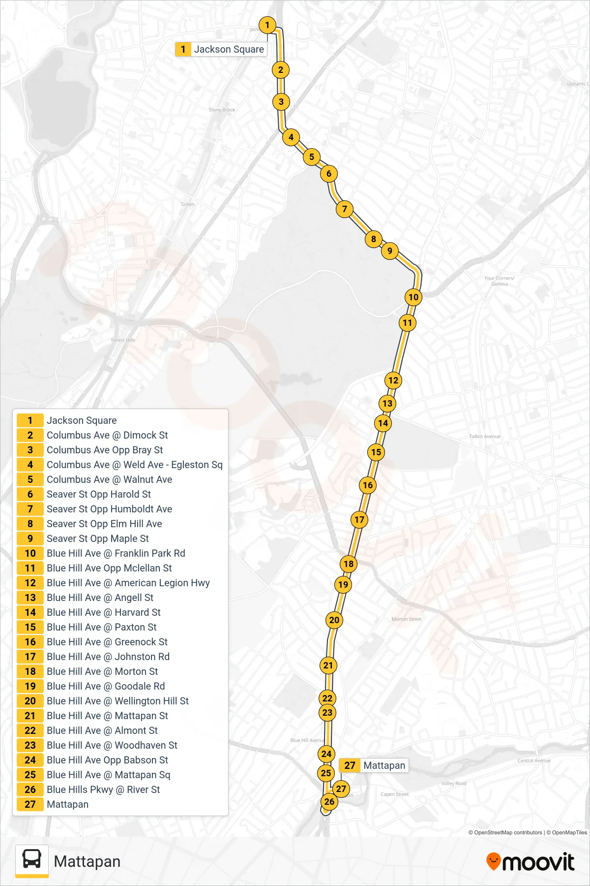 29 bus Line (Mattapan) route and stops on a map