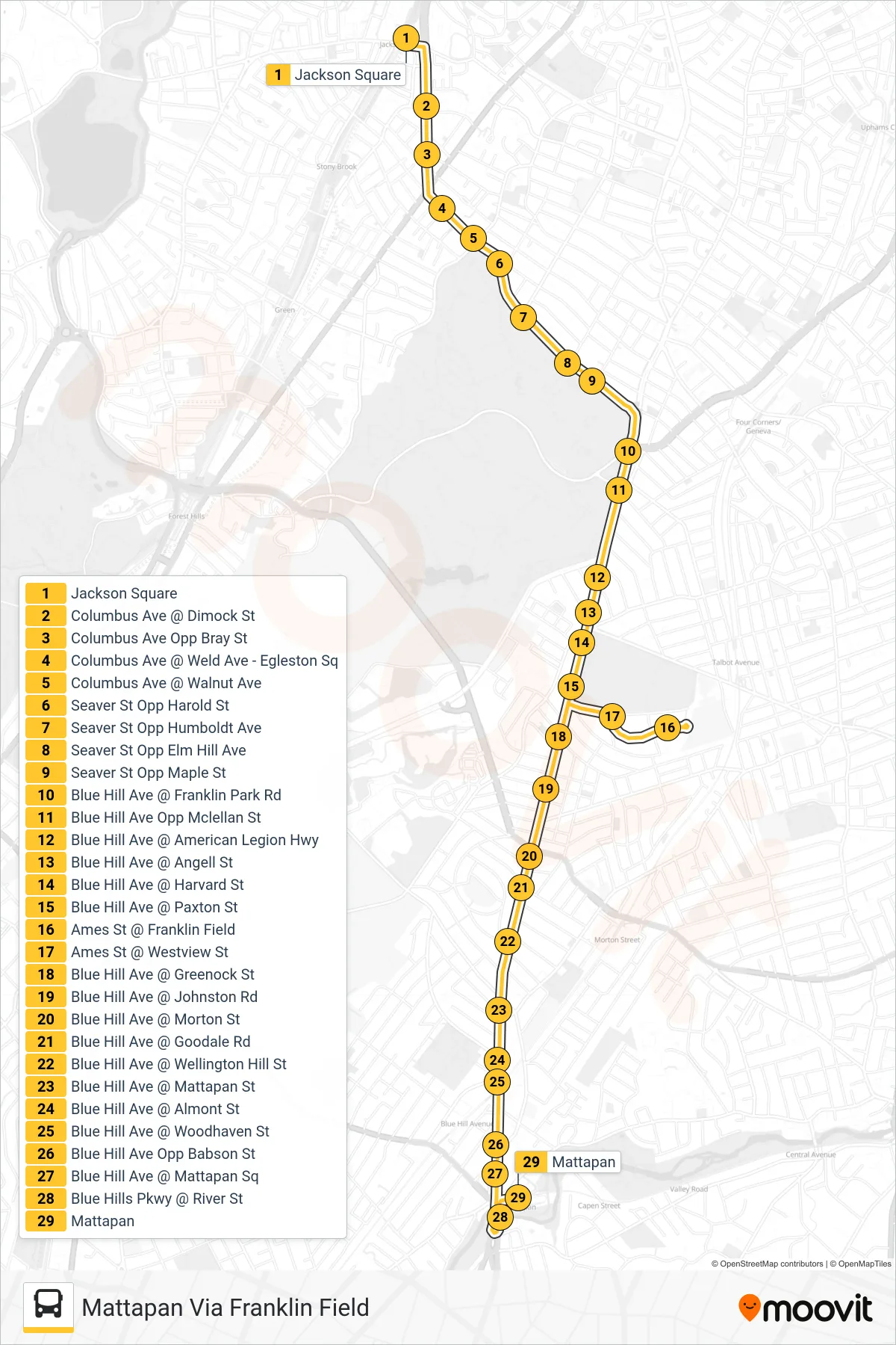 29 bus Line (Mattapan Via Franklin Field) route and stops on a map
