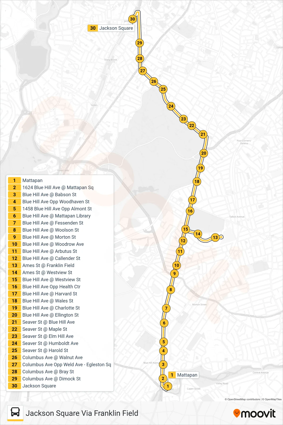 29 bus Line (Jackson Square Via Franklin Field) route and stops on a map