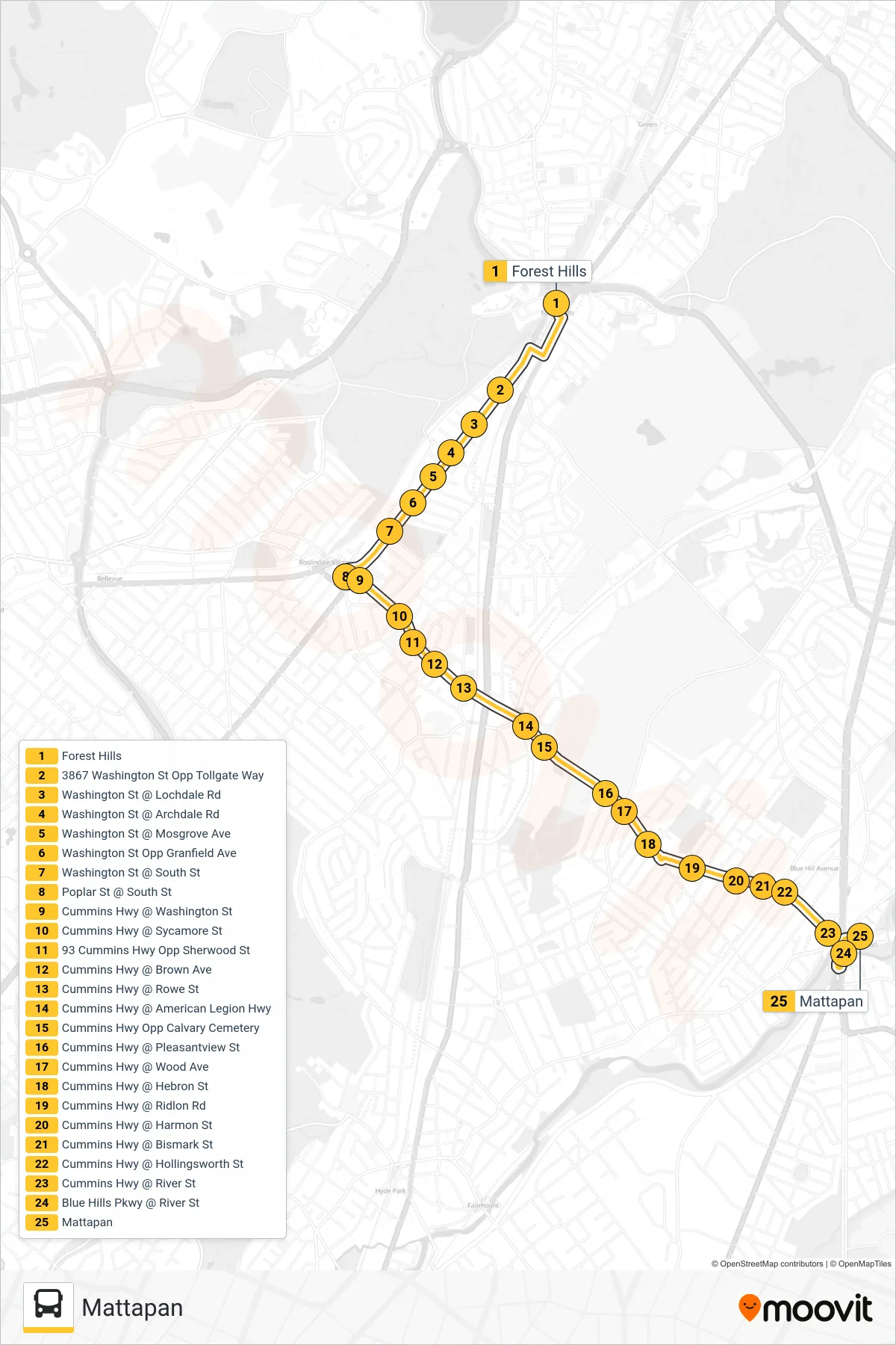 30 bus Line (Mattapan) route and stops on a map