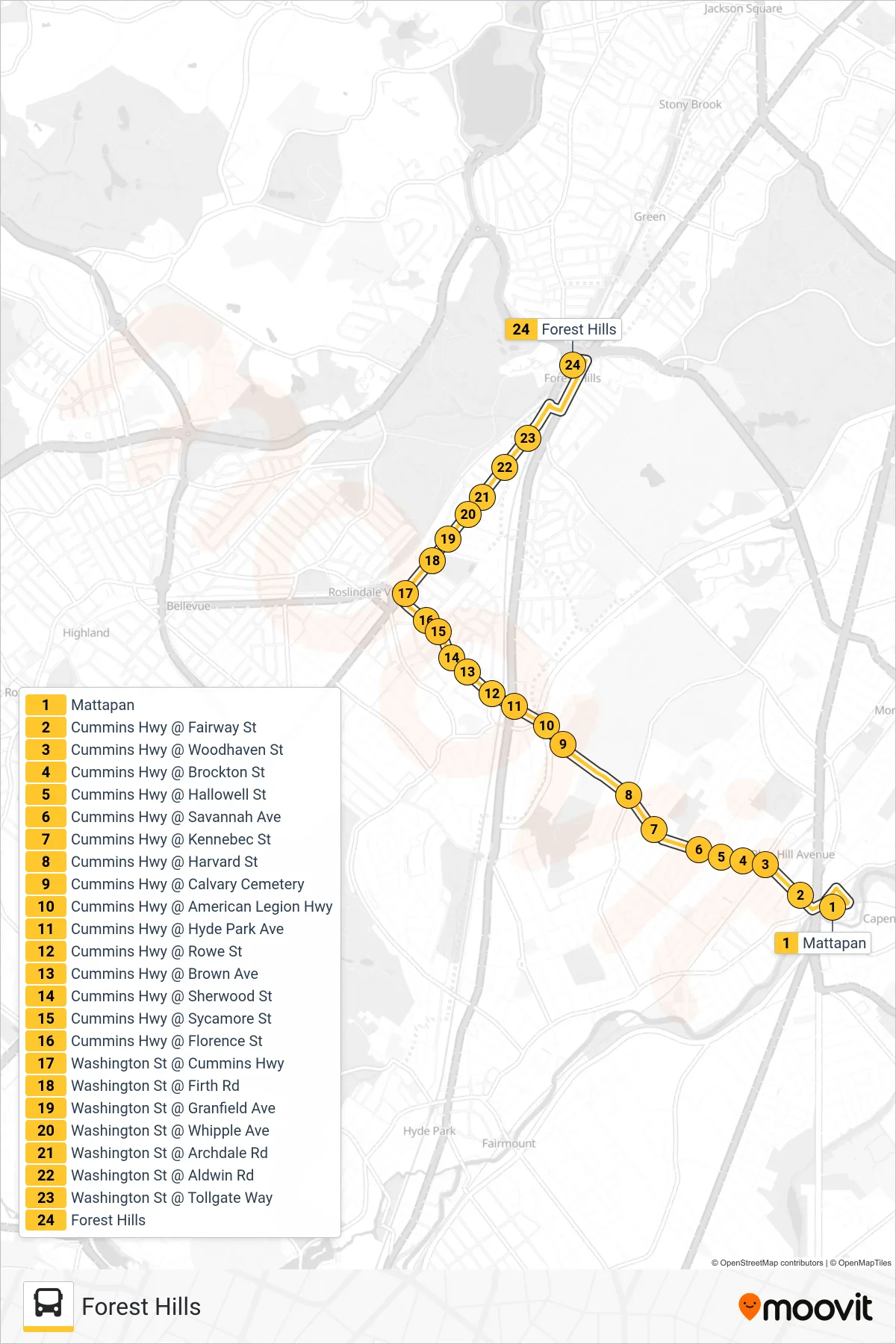 30 bus Line (Forest Hills) route and stops on a map
