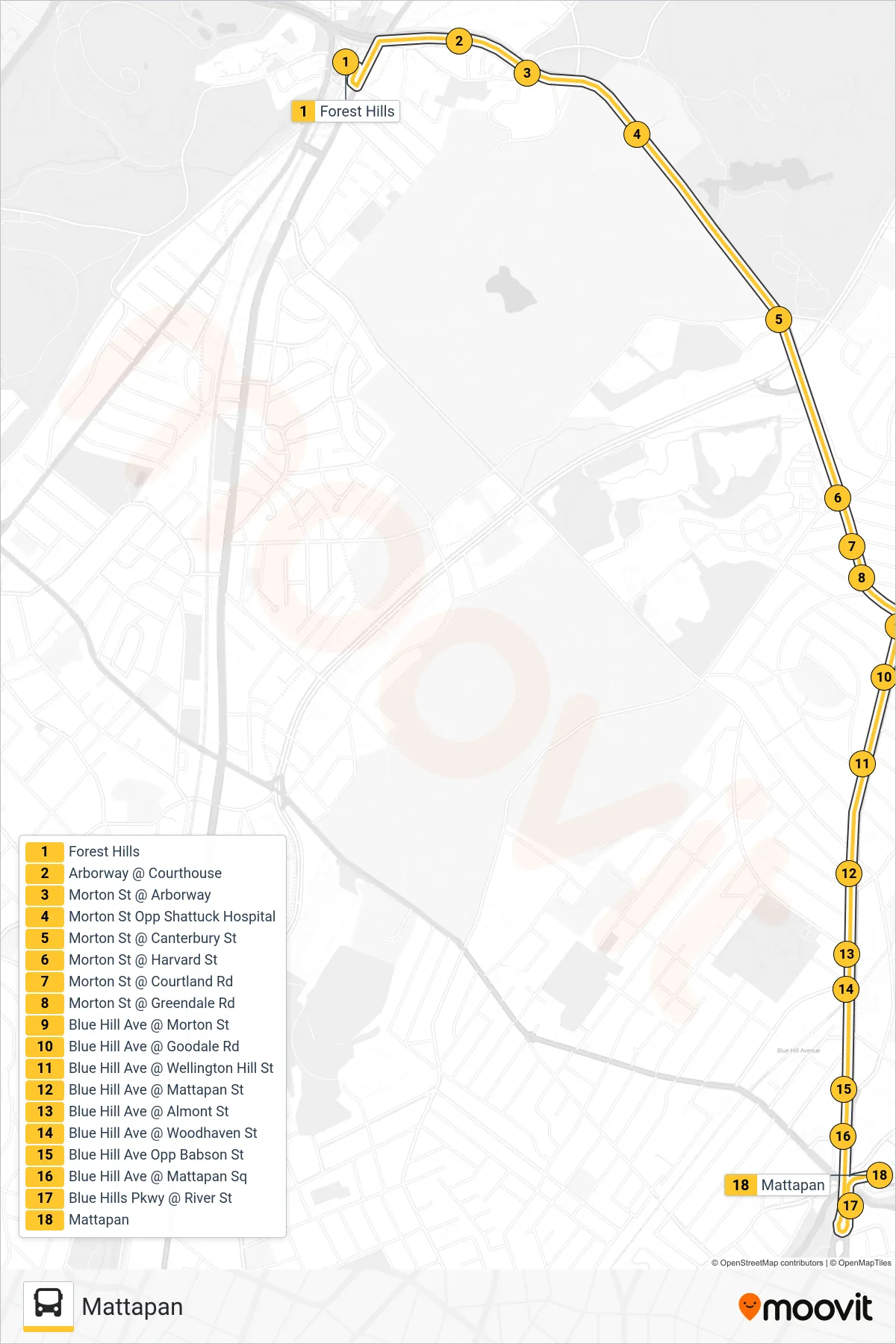 31 bus Line (Mattapan) route and stops on a map