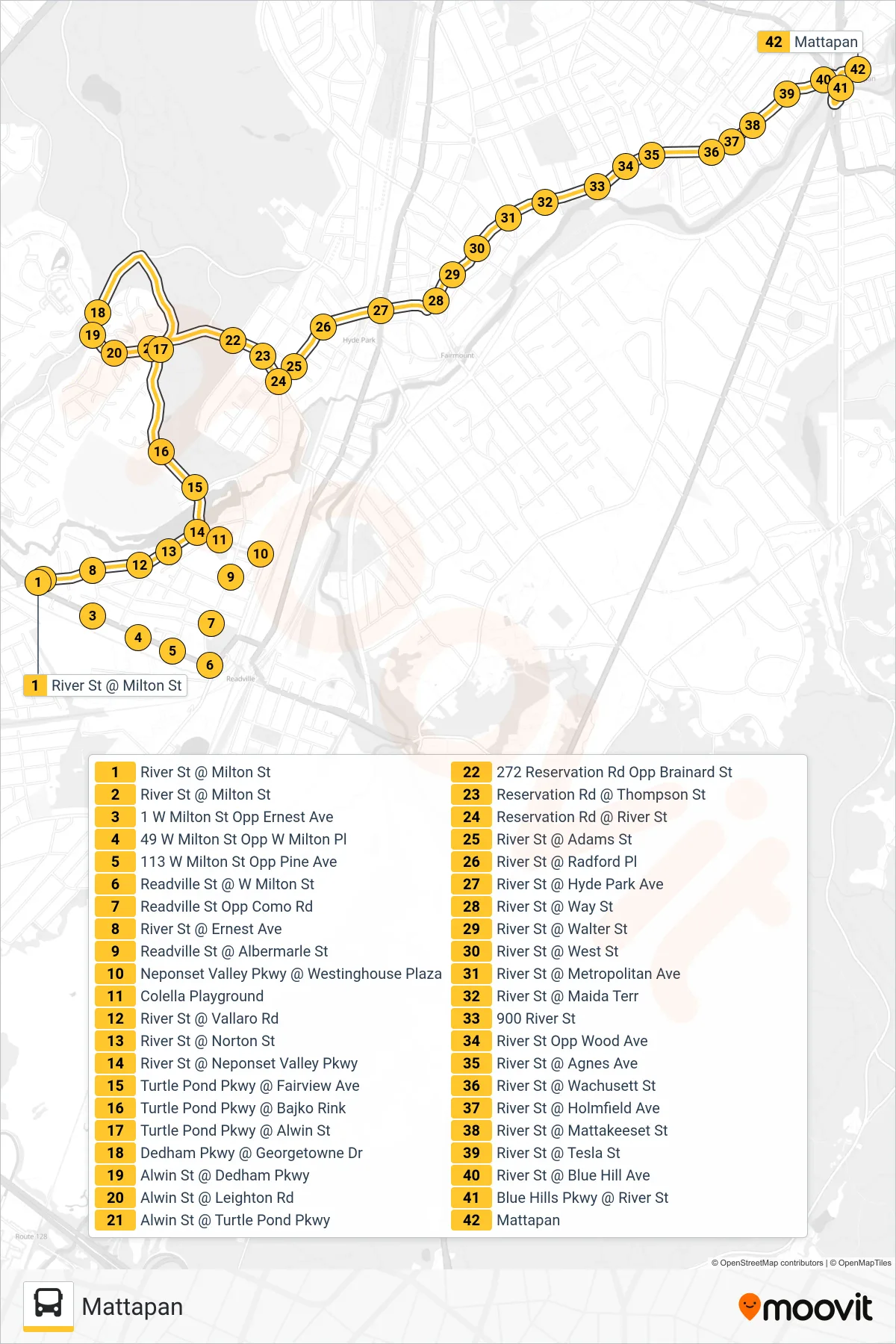 33 bus Line (Mattapan) route and stops on a map