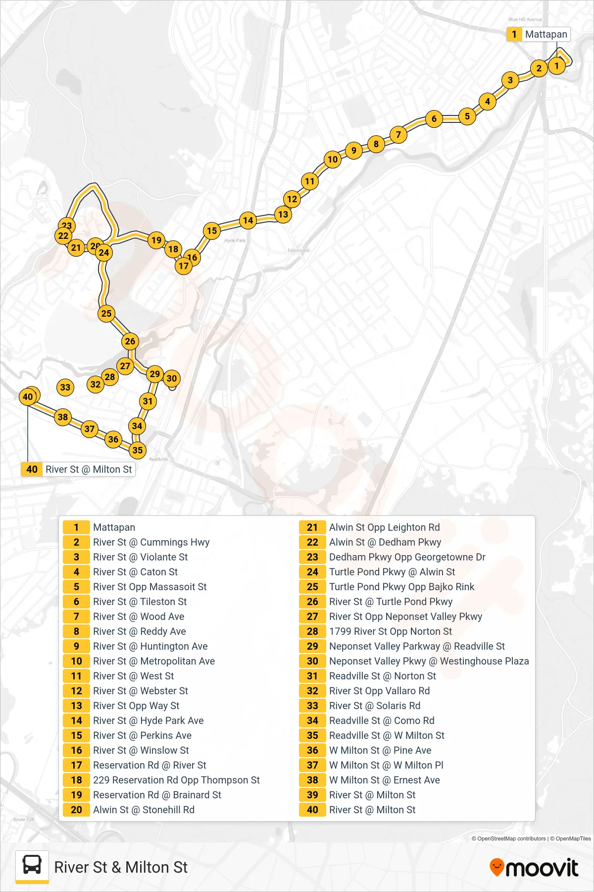 33 bus Line (River St & Milton St) route and stops on a map
