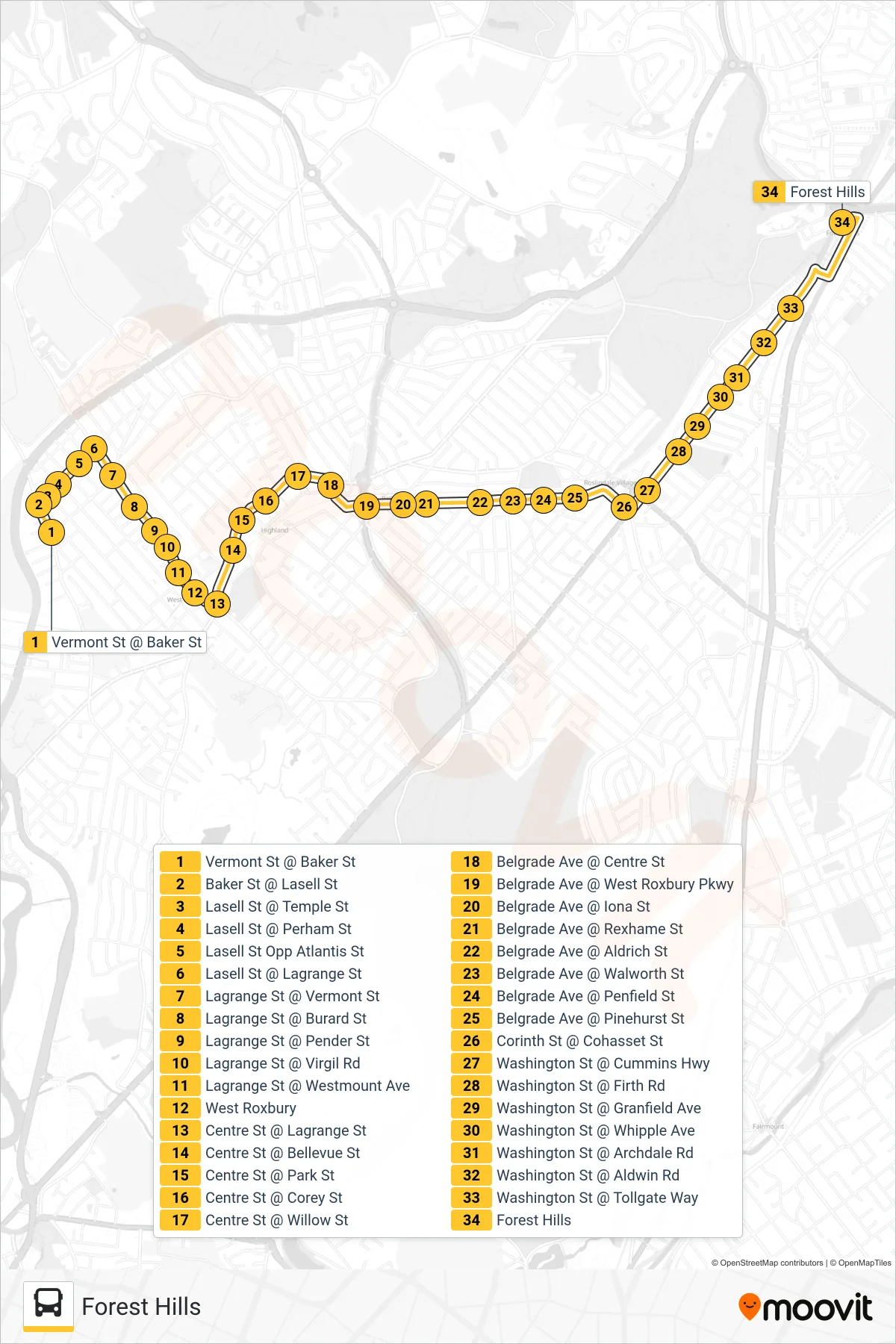 37 bus Line (Forest Hills) route and stops on a map