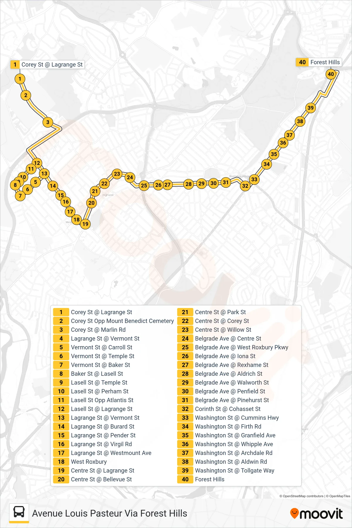 37 bus Line (Avenue Louis Pasteur Via Forest Hills) route and stops on a map