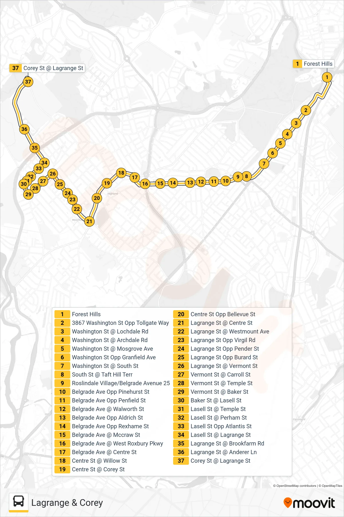 37 bus Line (Lagrange & Corey) route and stops on a map