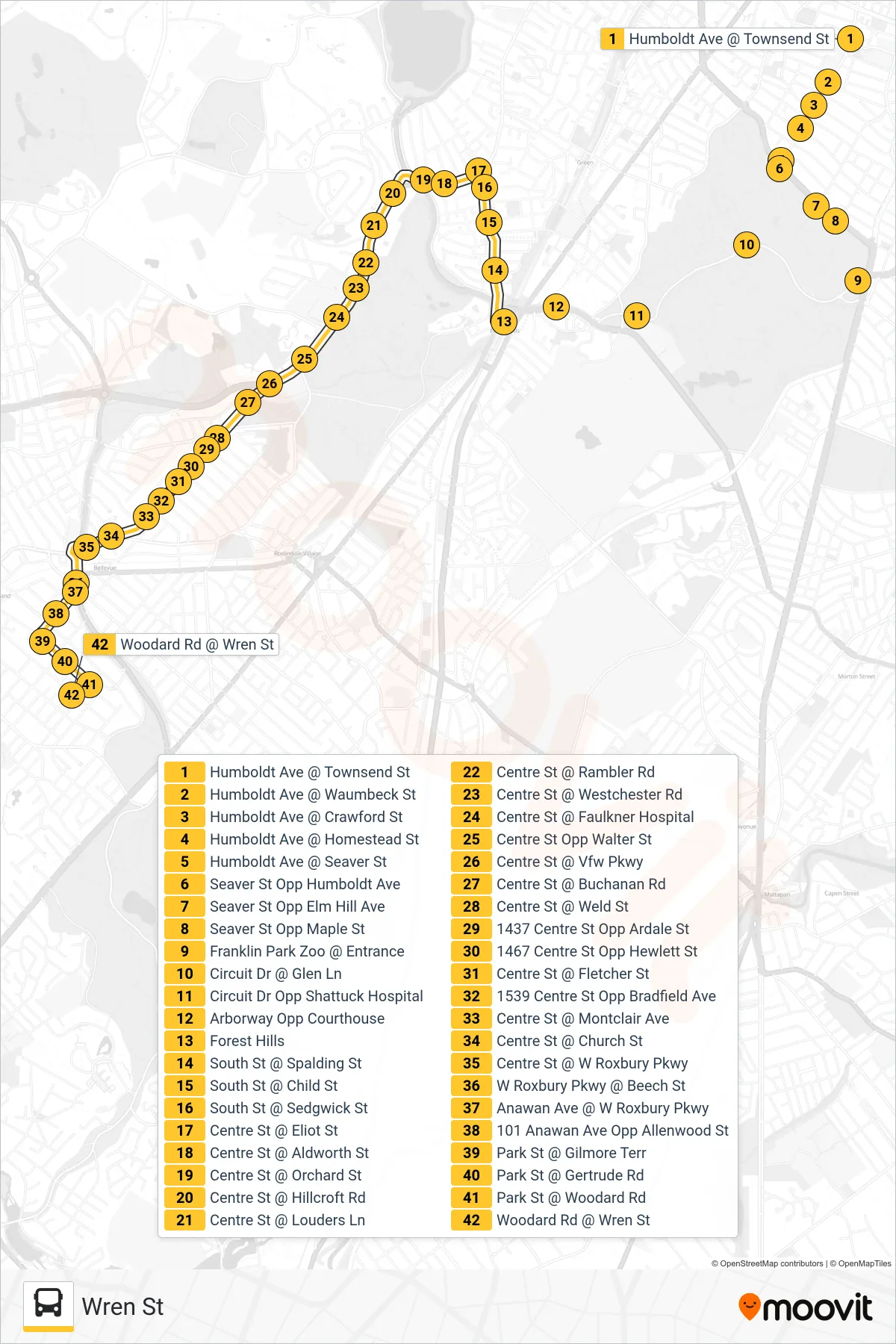 38 bus Line (Wren St) route and stops on a map
