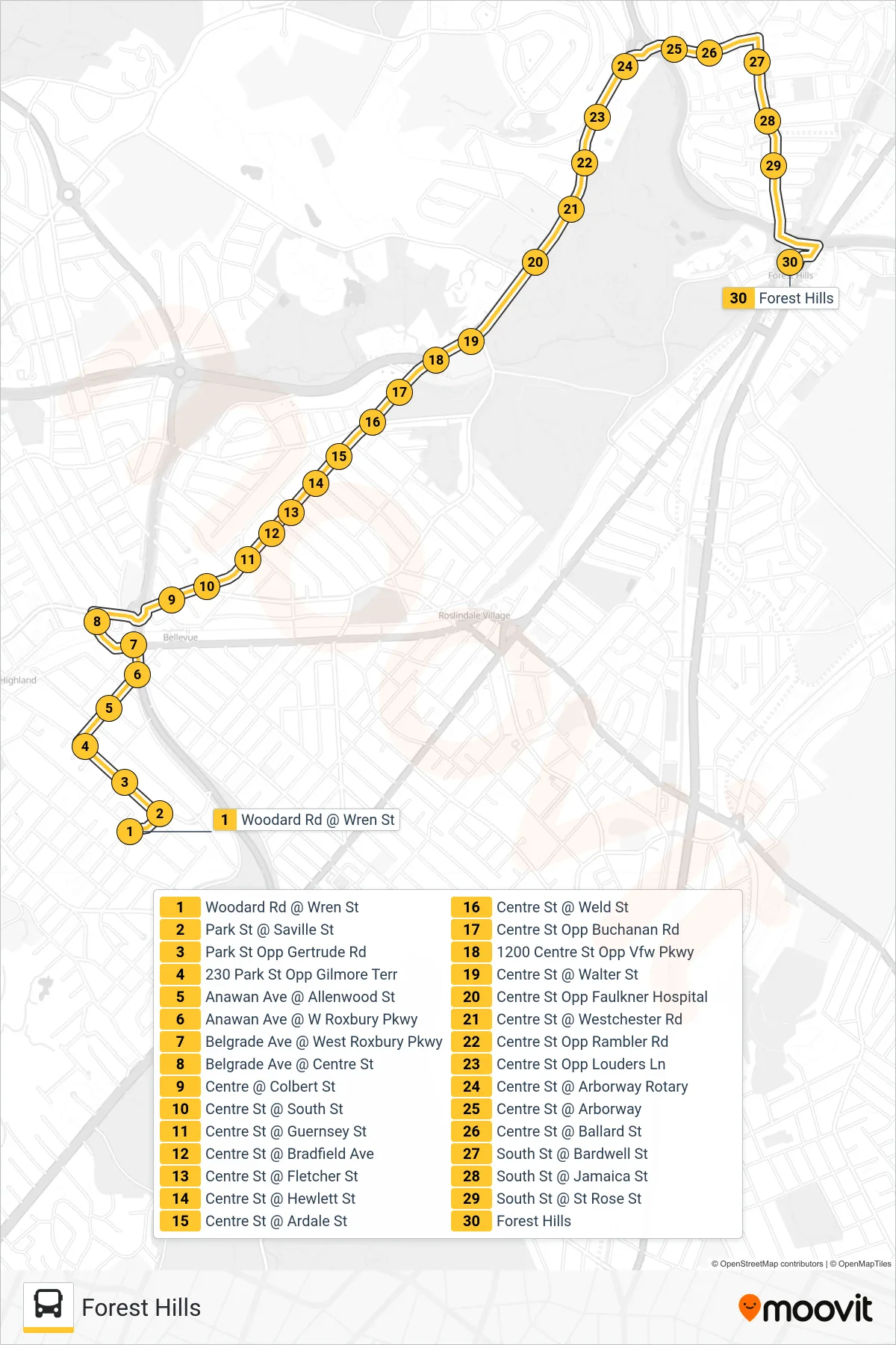 38 bus Line (Forest Hills) route and stops on a map